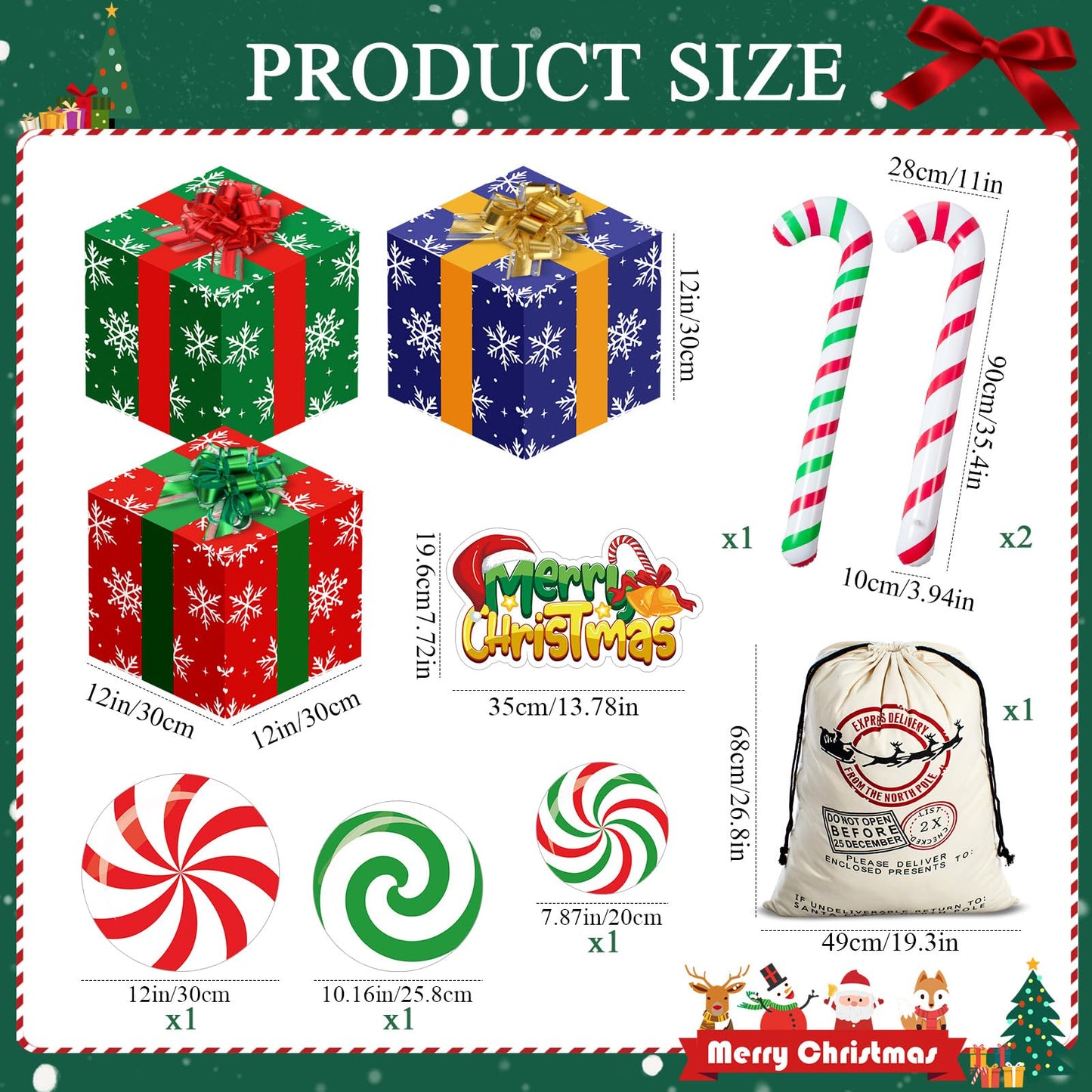 Humyoun 10 Pcs Christmas Gift Boxes Decoration, Christmas Photo Booth Props Gift Box with Ribbons Large Candy Cane Balloon for Xmas Party Decorations Home Xmas Box Decorations