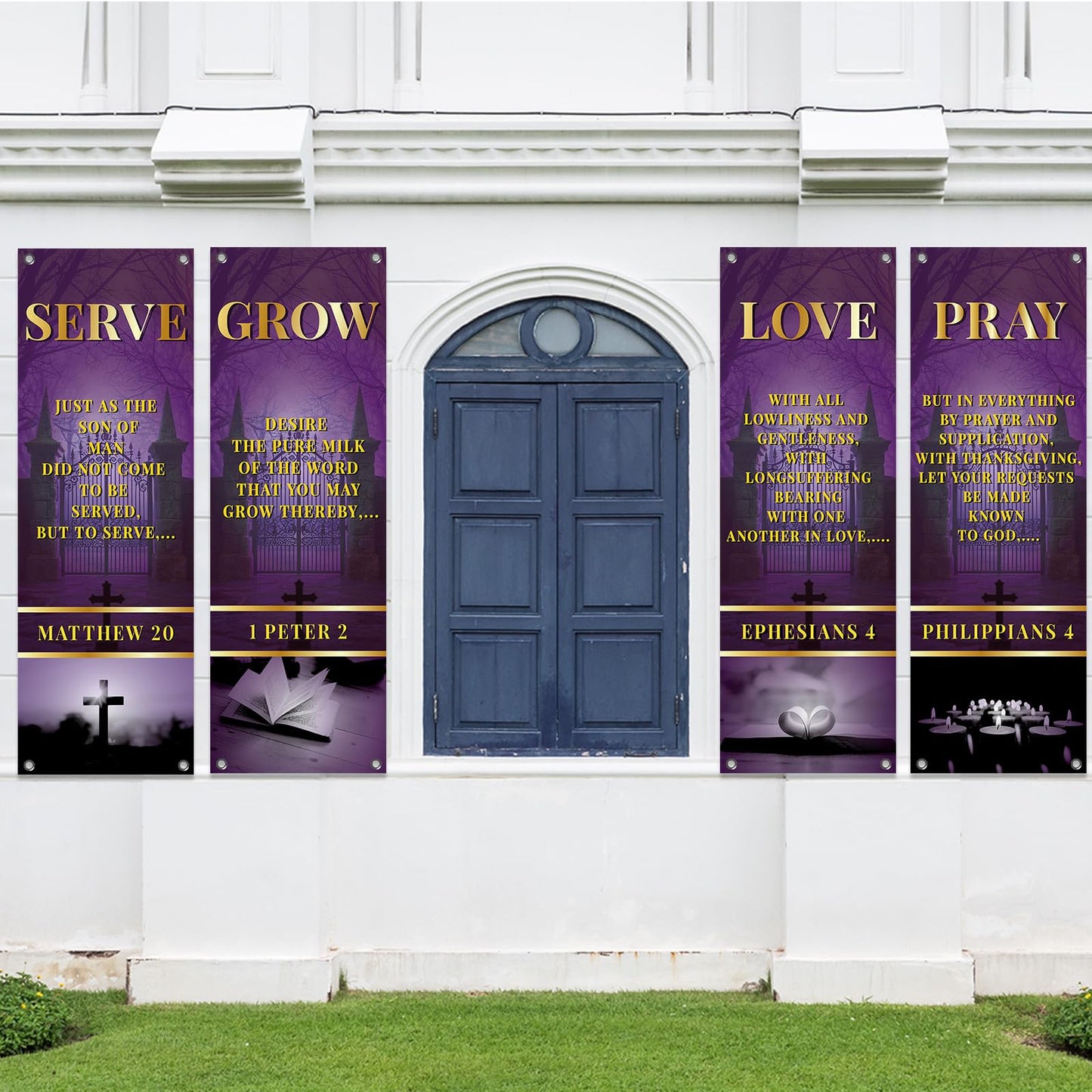 4Pcs Church Banners for Sanctuary Wall Welcome Religious Banners Serve Grow Love Pray Hanging Backdrop Purple Church Hanging Signs Scripture Bible Verse Banner for Holiday Sunday School Decor