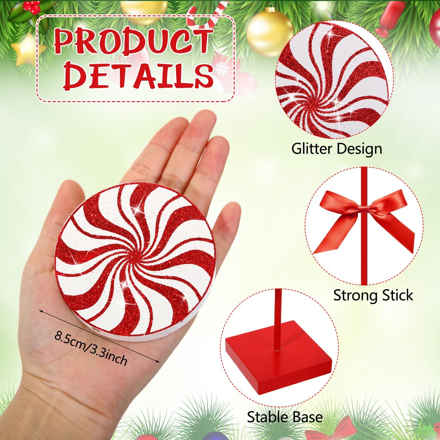 Amyhill 8 Pcs Christmas Candy Wooden Tabletop Decor Glitter Xmas Candy Cane Table Centerpiece Sign for Christmas Tiered Tray Home Desk Office Party Decoration(Cute,Red,Green)