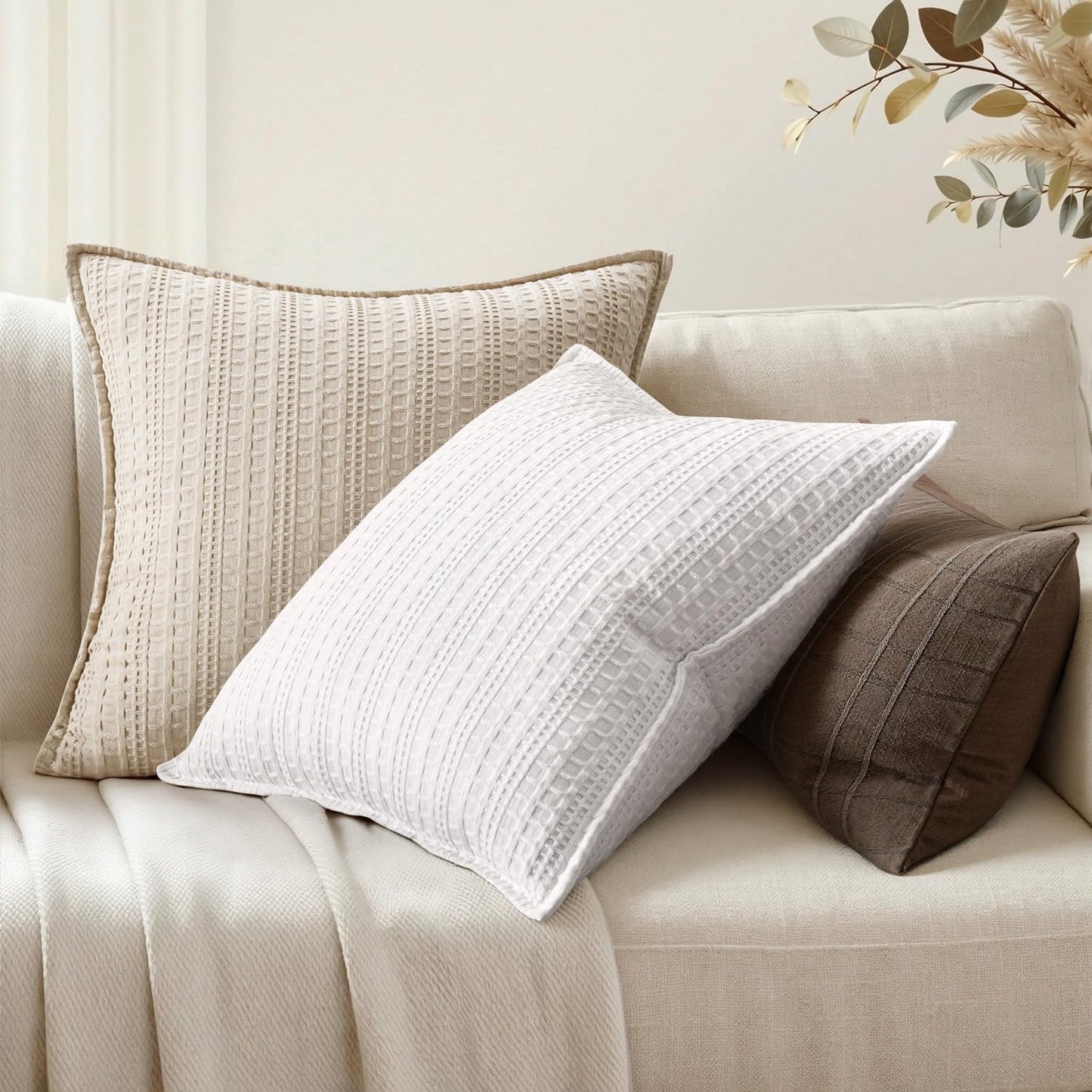 Woaboy Set of 2 Decorative 100% Cotton Waffle Throw Pillow Covers 18x18, Neutral Euro Shams Weave European Cushion Cases for Couch Sofa Bed Modern Farmhouse Home Decor, White