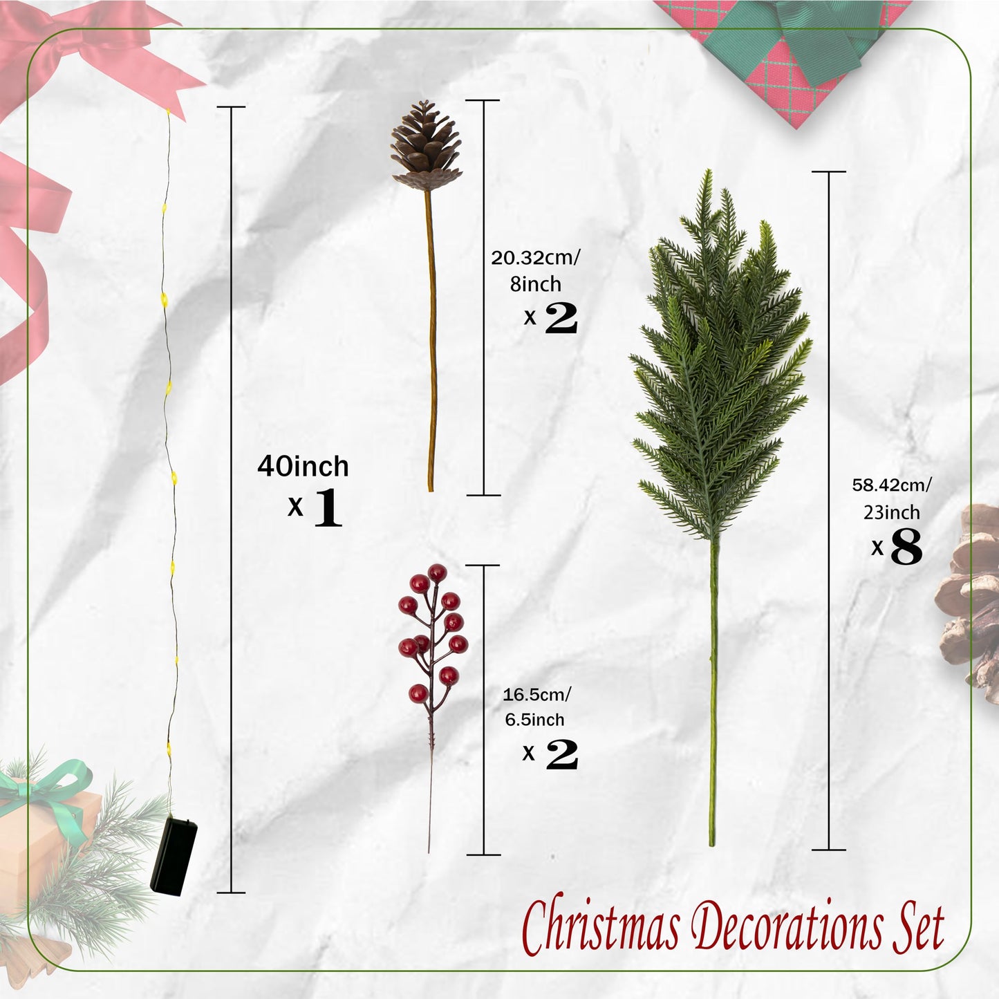 QXXQ 12-Piece Set 24" Artificial Norfolk Pine Branches - Christmas Decorations - Faux Christmas Greenary - Faux Norfolk Pine Stems for DIY Crafts Garland Wreath Home Decor- Free LED String Lights