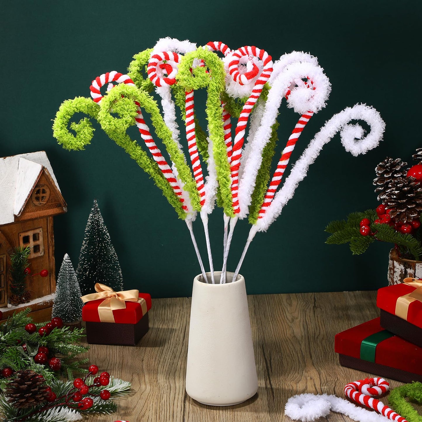White Red and Green Christmas Tree Decor 16" Candy Cane Tree Pick Lime Green Xmas Topper Ornament Curly Stem Large Lollipop Branch Stick Elf Pick Spray for Home Wreath Vase Filler Craft Holiday Party