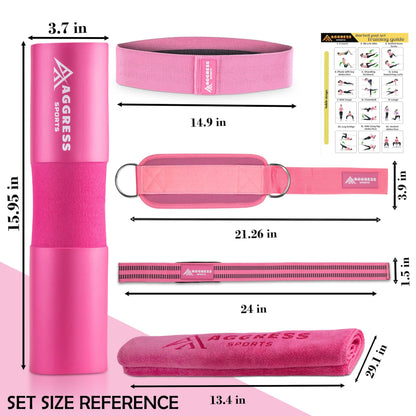 8 Pcs Pink Premium Barbell Pad Set - Barbell Pad For Hip Thrust | Perfect Ankle Straps For Cable Machines Women | Essentials Gym Accessories/Equipment For Women | Workout Gym Kit With Carry Bag