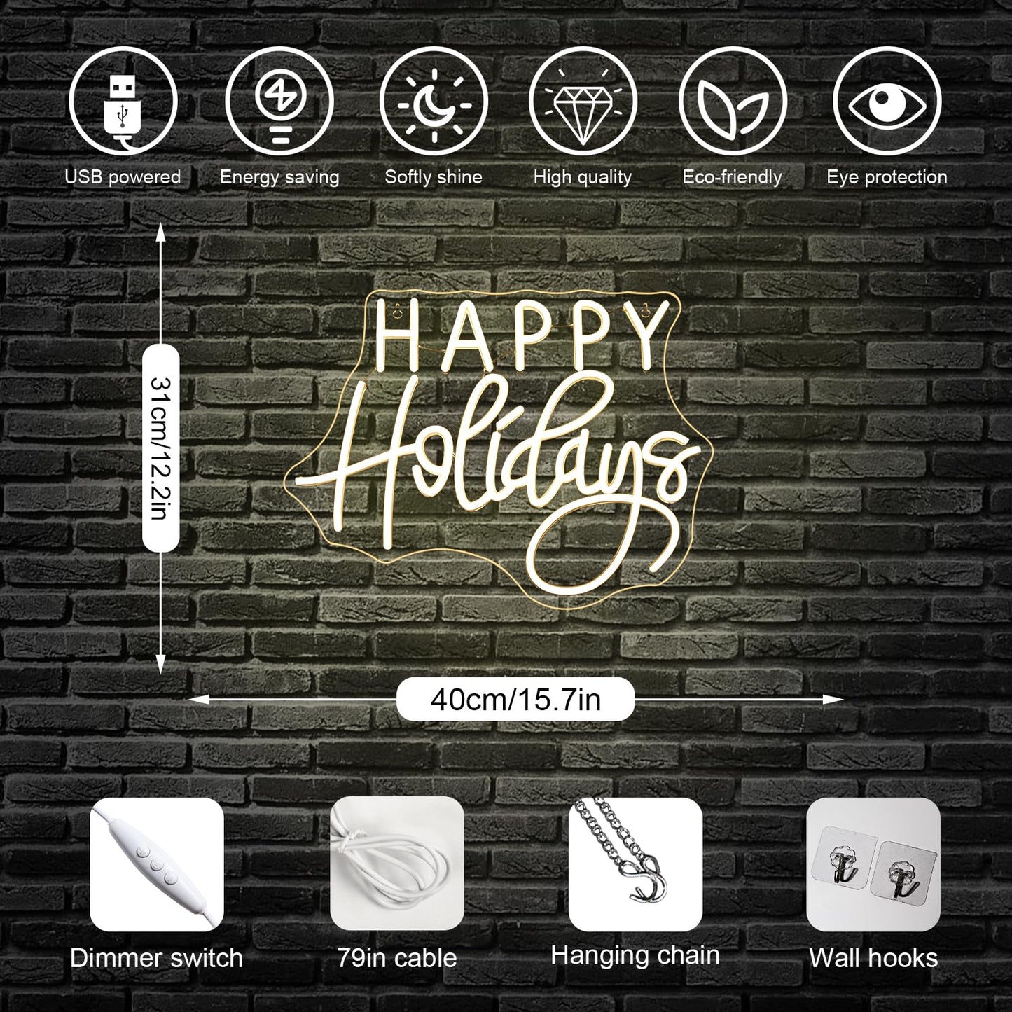 Horseneon Happy Holidays Neon Sign Merry Christmas Neon Signs for Wall Decor Christmas Tree Neon Light LED Sign with USB Powered for Party, Windows, Home Decor, Bedroom, Living room Warm