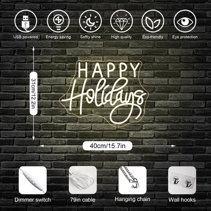 Horseneon Happy Holidays Neon Sign Merry Christmas Neon Signs for Wall Decor Christmas Tree Neon Light LED Sign with USB Powered for Party, Windows, Home Decor, Bedroom, Living room Warm