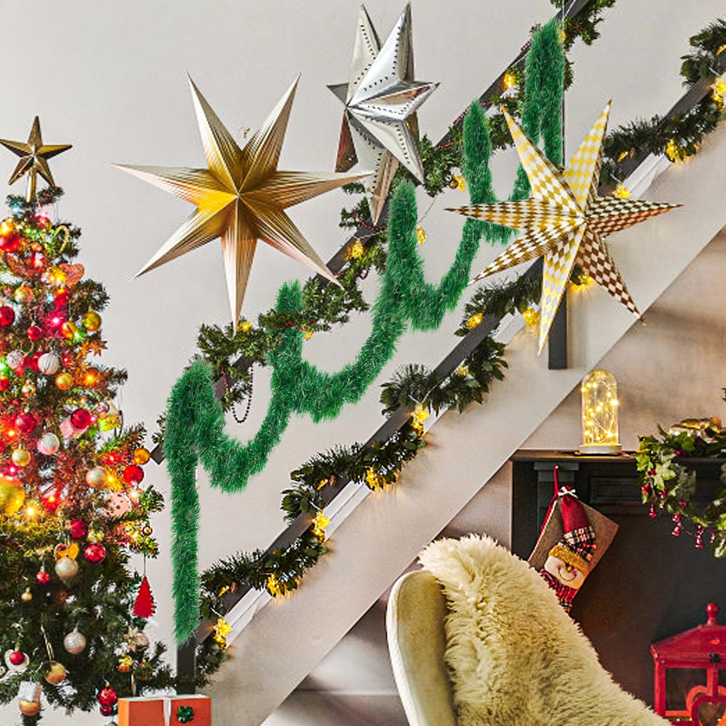 50ft Christmas Garland,Greenery Artificial Pine Twisted Hanging Garland Holiday Decor for Stairs Mantle Fireplace Home Party Holiday Christmas Decoration Indoor Outdoor Decor