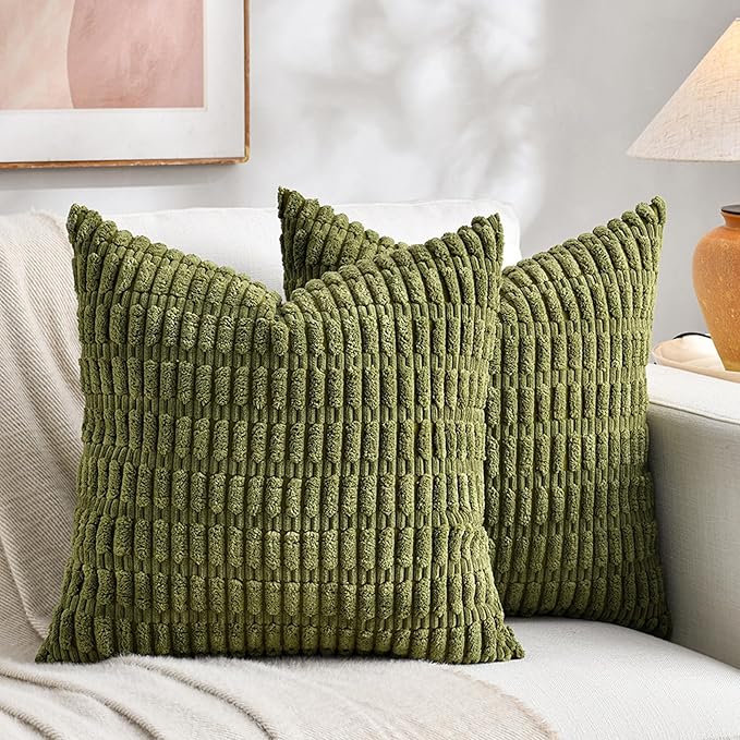 Fancy Homi 1 Pack Boho Moss Green Decorative Throw Pillow Covers 16x16 Inch for Couch Bed Sofa, Rustic Modern Farmhouse Home Decor, Soft Plush Corduroy Cute Square Cushion Case 40x40 cm