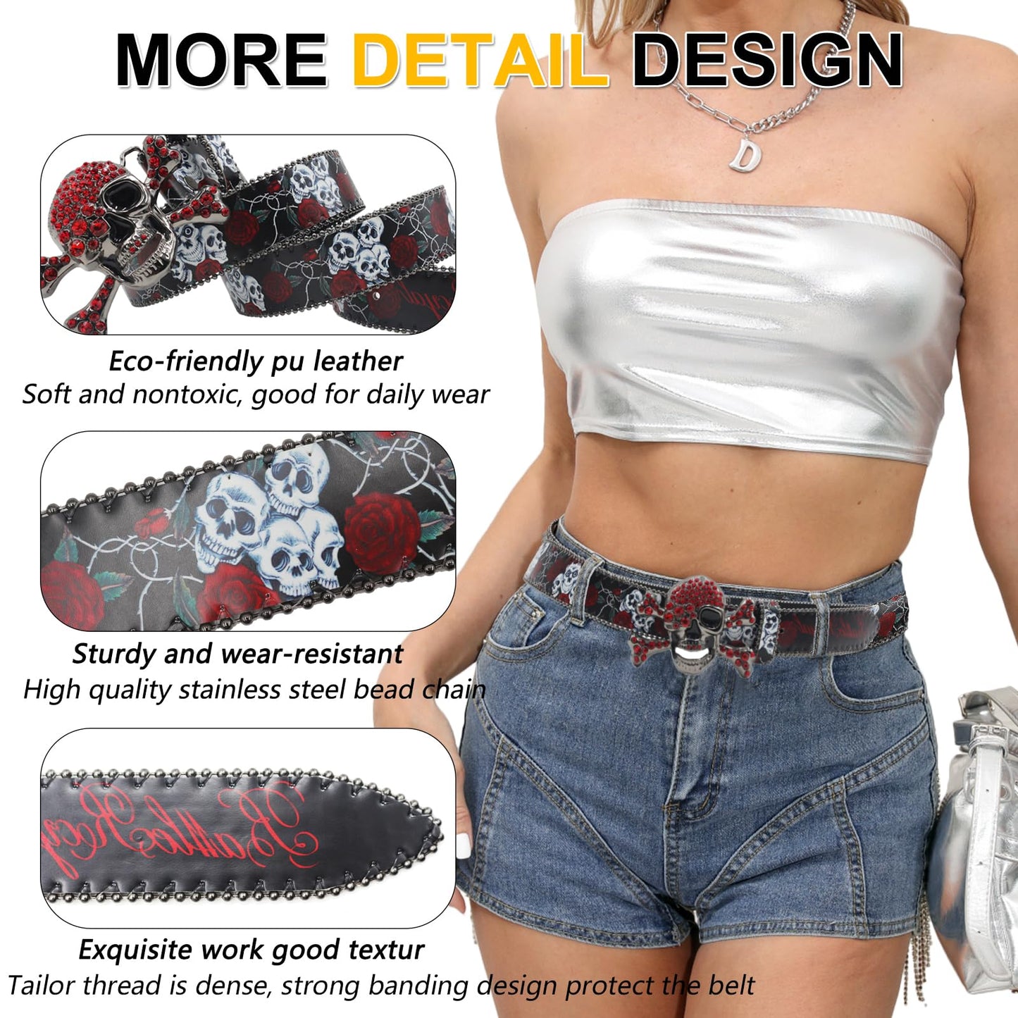 EVERBLTING Skull Rhinestone Belt for Men Women Y2k Cowgirl Cowboy Bling Belt Diamond Belts for Women for Jeans 125