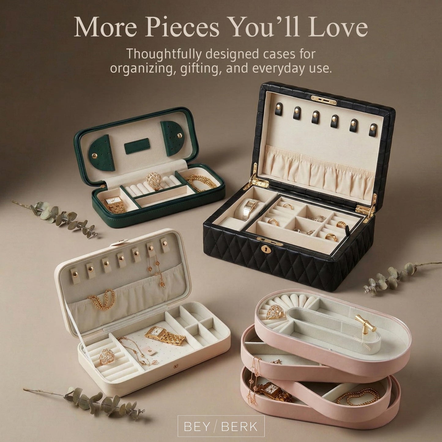 Bey-Berk Diamond-Quilted Leather Travel Jewelry Box, Cream, Locking Organizer with Necklace Hooks, Ring Rows and Watch Compartment