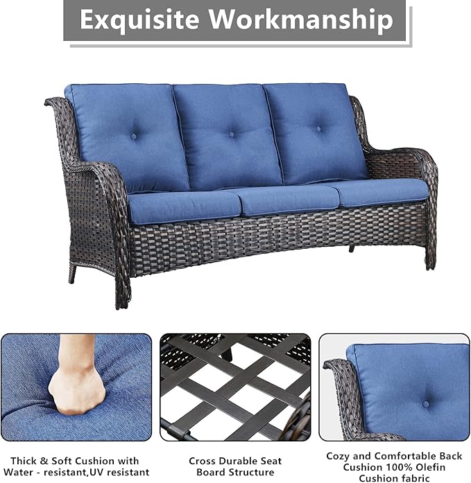 Rilyson Wicker Patio Furniture Set - 6 Piece Rattan Outdoor Sectional Conversation Sets with 2 Rocking Swivel Chairs,2 Ottomans,1 Sofa and 1 Loveseat for Porch Deck Garden(Brown/Blue)