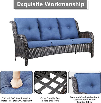Rilyson Wicker Patio Furniture Set - 7 Piece Rattan Outdoor Sectional Conversation Sets with 4 Swivel Rocking Chairs,2 Ottomans and 1 Sofa for Porch Deck Garden(Brown/Blue)
