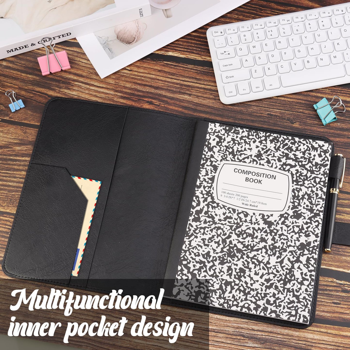SKLENICE PU Leather Composition Notebook Cover 9 3/4 X 7 1/2 in With Composition Book 100 Sheets Vintage Rustic Distressed PU Leather Journal Notebook Cover Portfolio For School Office Home (Black)