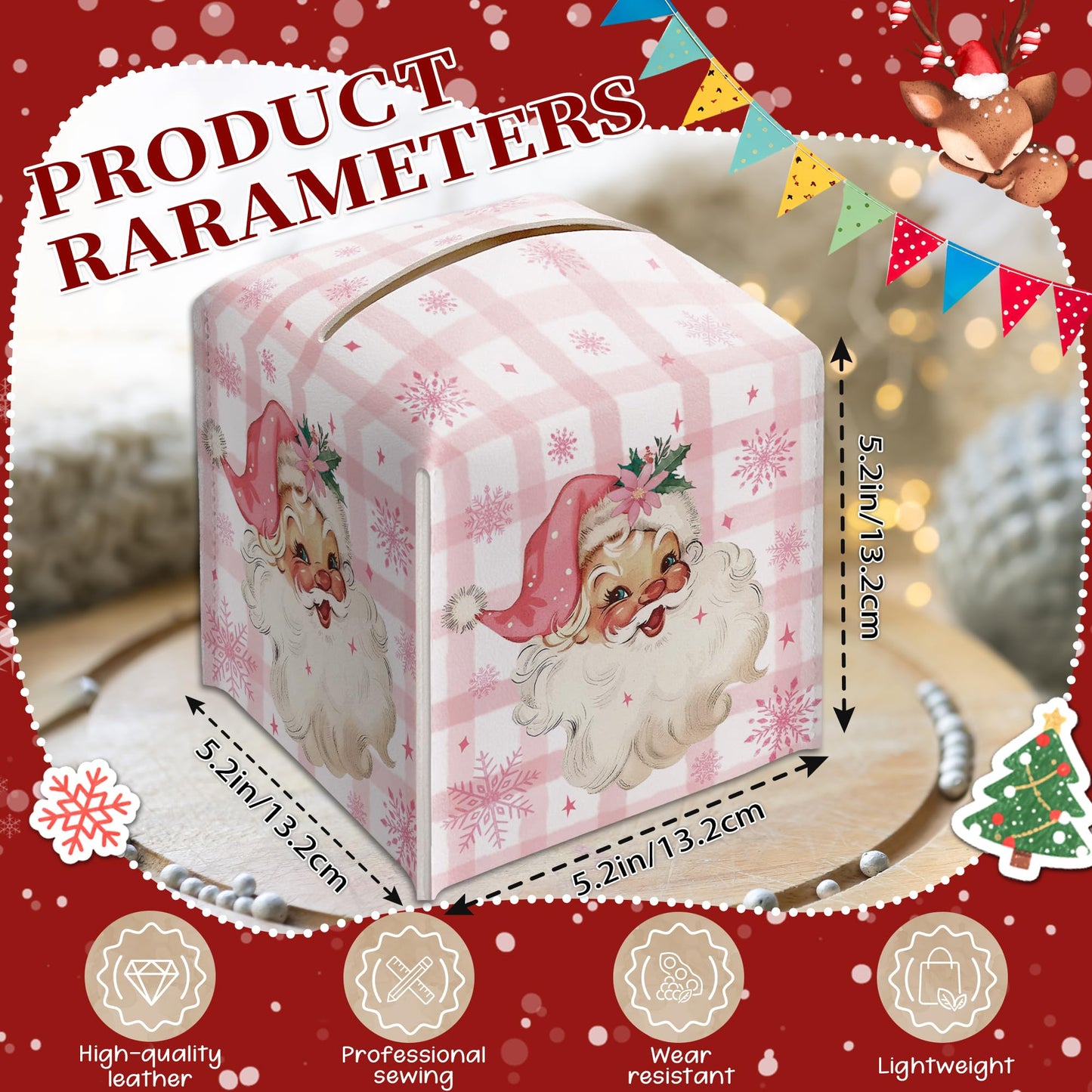 Christmas Box Cover Square, Santa Claus Pink Checkered Decorative Tissue Box Holder, Waterproof Leather Tissues Boxes Dispenser for Bathroom, Office, Car, Bedroom Nightstand, Home Decor