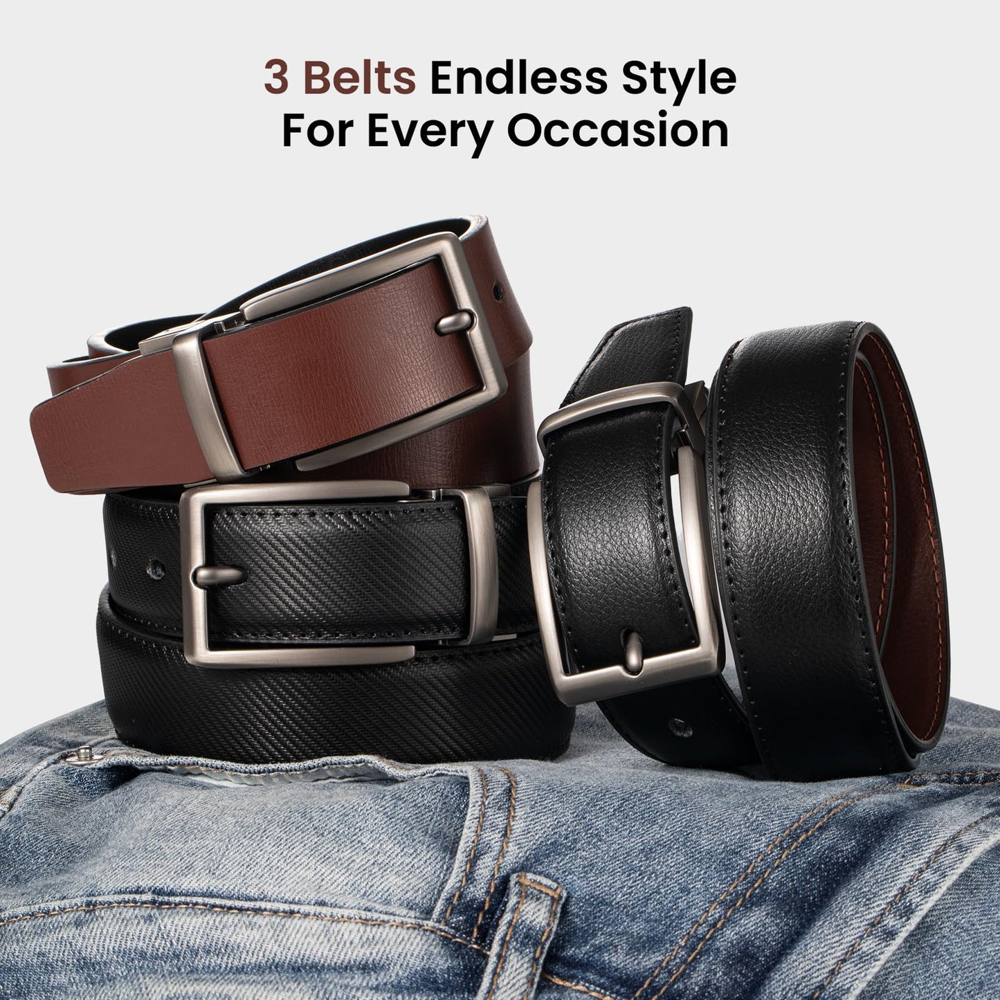 LMUGOOS 3 Pack Mens Belt Reversible Genuine Leather Belts - Adjustable & Cuttable 1.2" for Dress, Business, Casual & Jeans | Ideal Gift for Men, Dad, Husband on Birthday, Anniversary & Father's Day