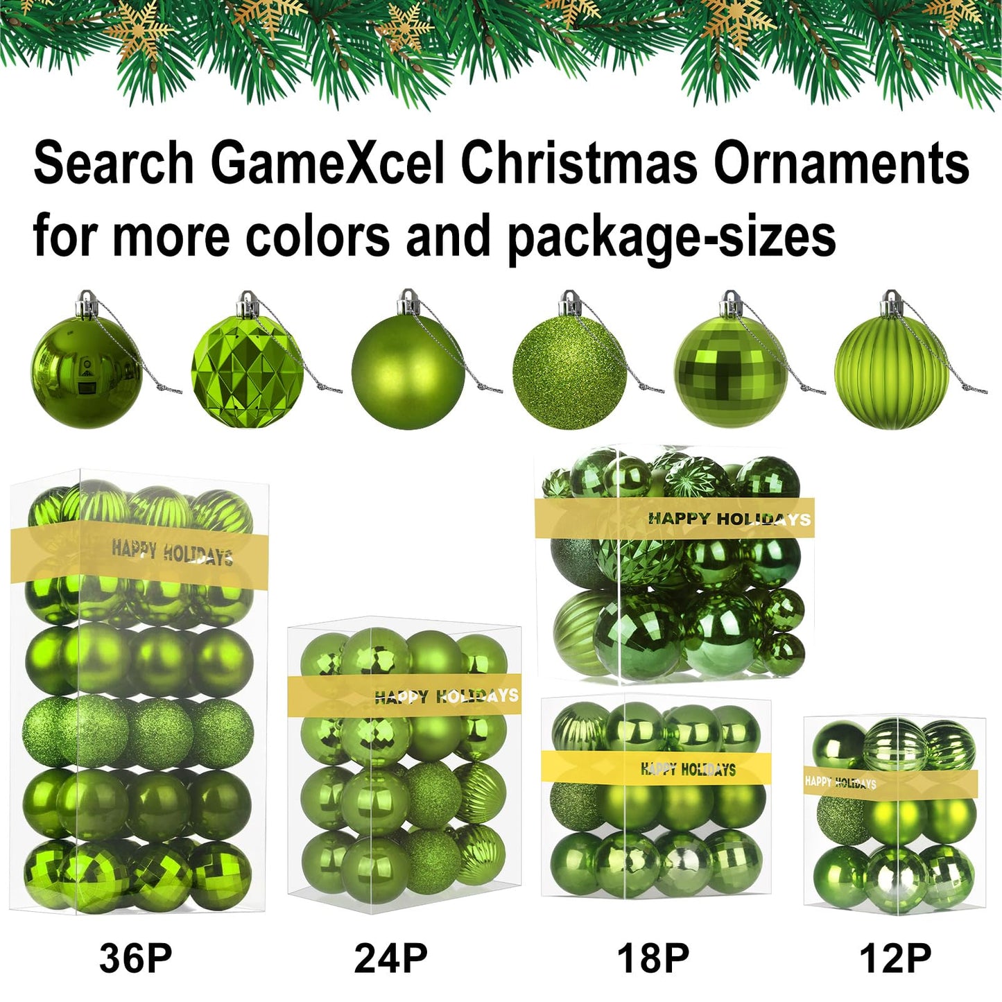 Lime Green Christmas Ornaments - Christmas Tree Decorations Shatterproof Hanging Balls for Birthday St. Patrick's Day Easter Mardi Gras Wedding Decorations Set of 36pcs, Multi-Sizes(1.6",2.5",3.2")
