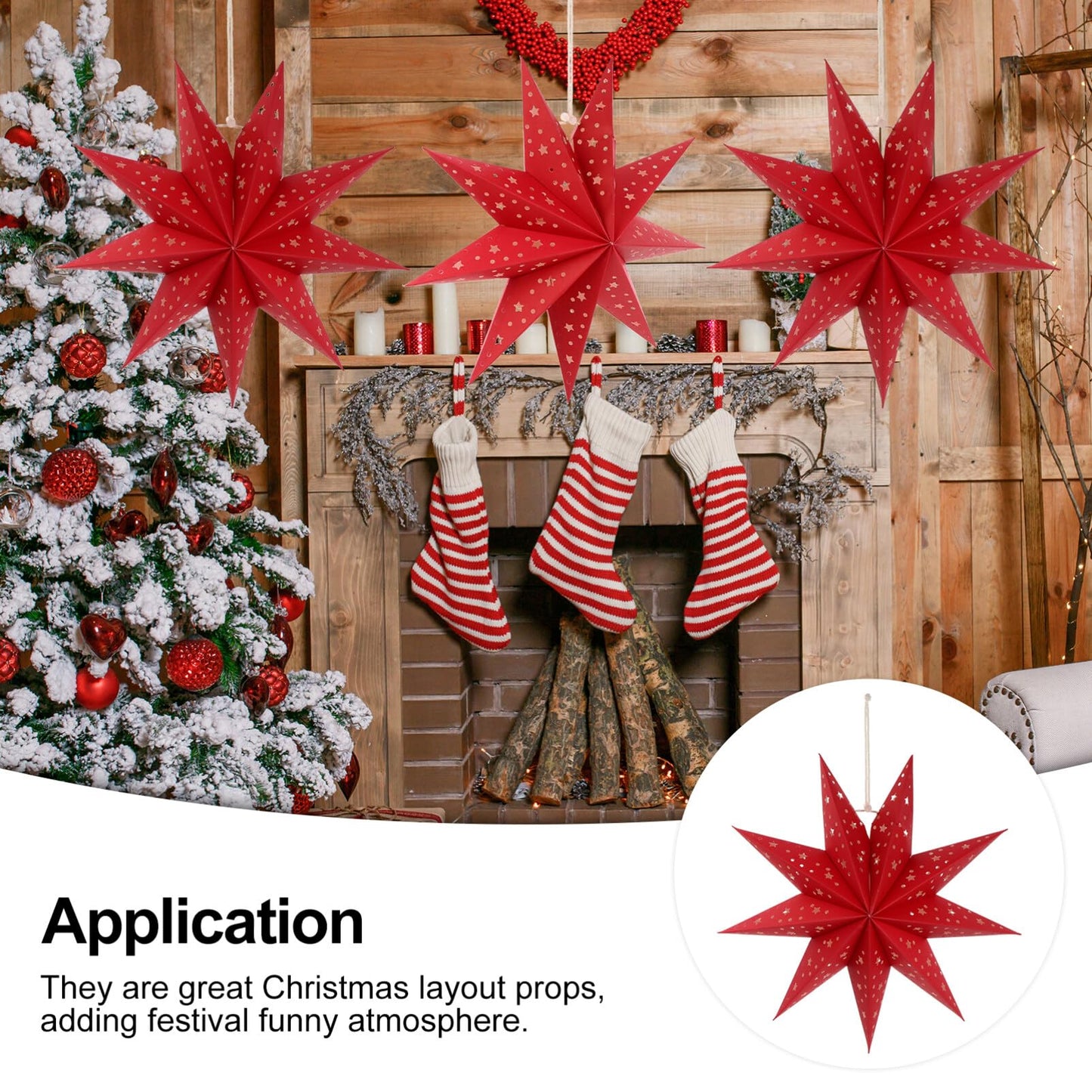 3Pcs Paper Star Lantern Lampshade 9 Pointed Star Hanging Decorations for Christmas New Year Wedding Party Holiday Birthday, Red