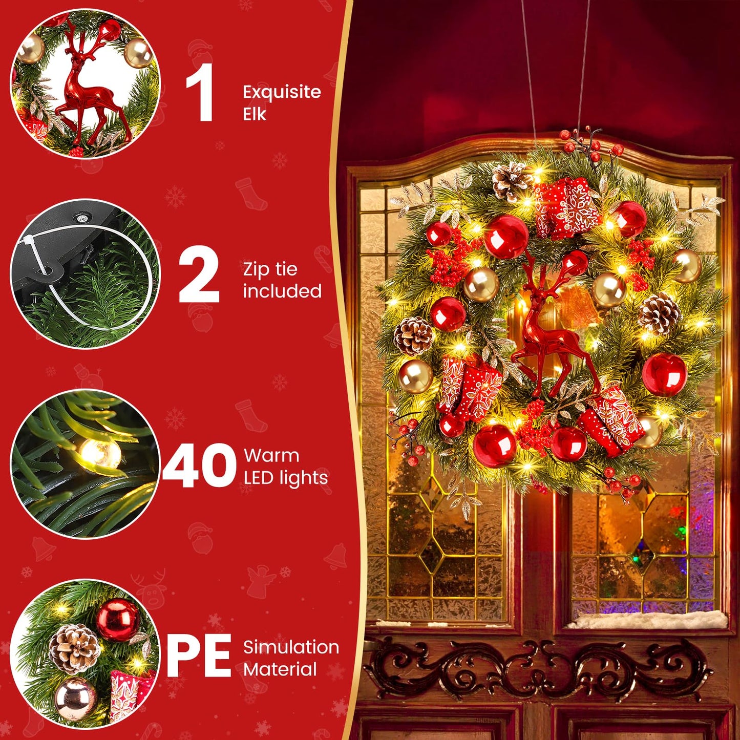 Quntis Lighted Christmas Wreath Front Door - 16'' Reindeer Winter Wreath with 8 Modes Timer, Red Gold Balls, Snowflakes, Pine Cones, Berries for Indoor Outdoor Holiday Windows Fireplace Mantel Porch