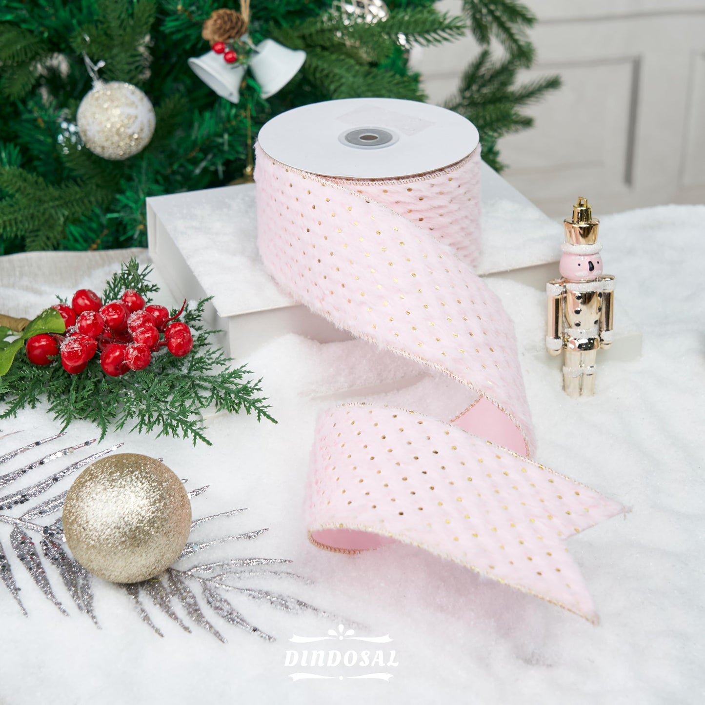 DINDOSAL Pink and Gold Christmas Ribbon 2.5" X 10 Yards Pink Faux Fur Wired Ribbon for Christmas Tree Decoration, Polka Dot Ribbon Wired for Bows, Wreaths, Garlands, Gift Wrapping, Home Decor