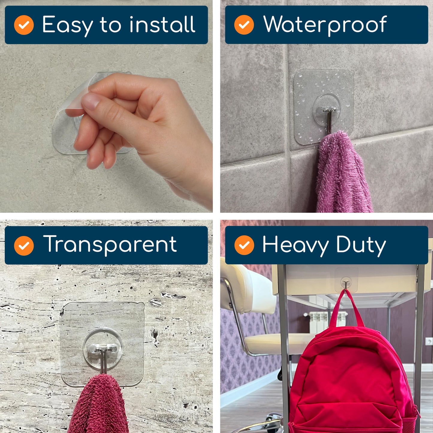 GLUIT Adhesive Wall Hooks for Hanging Heavy Duty 22 lbs Hooks for Walls No Drill, Towel Sticky Clear Hook, Waterproof, Home, Bathroom, Kitchen, Office, and Outdoor 12 Pack