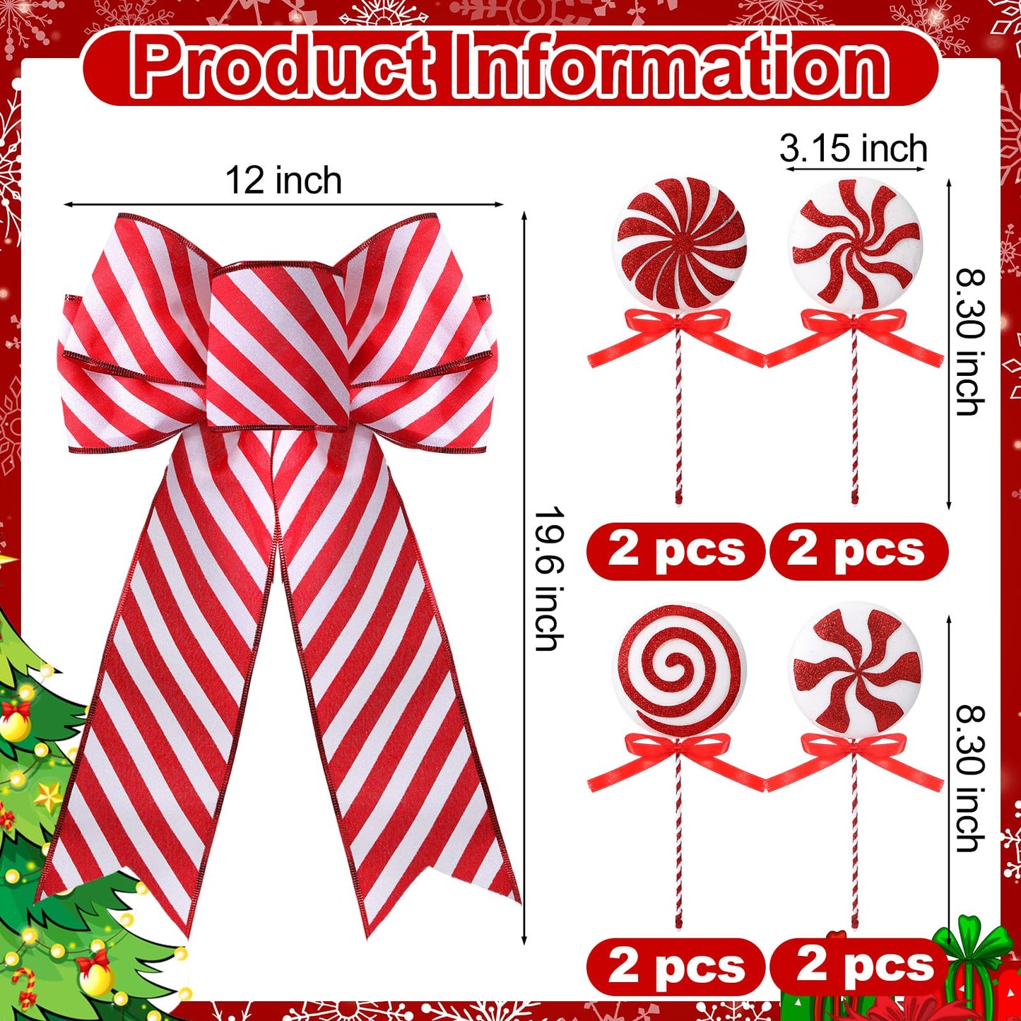 Soulchen 69 Pcs Candy Cane Christmas Tree Ornaments Set Red and White Christmas Decorations Lollipop Picks Shatterproof Hanging Xmas Balls Peppermint Striped Bow for Tree Party Holiday Decorations