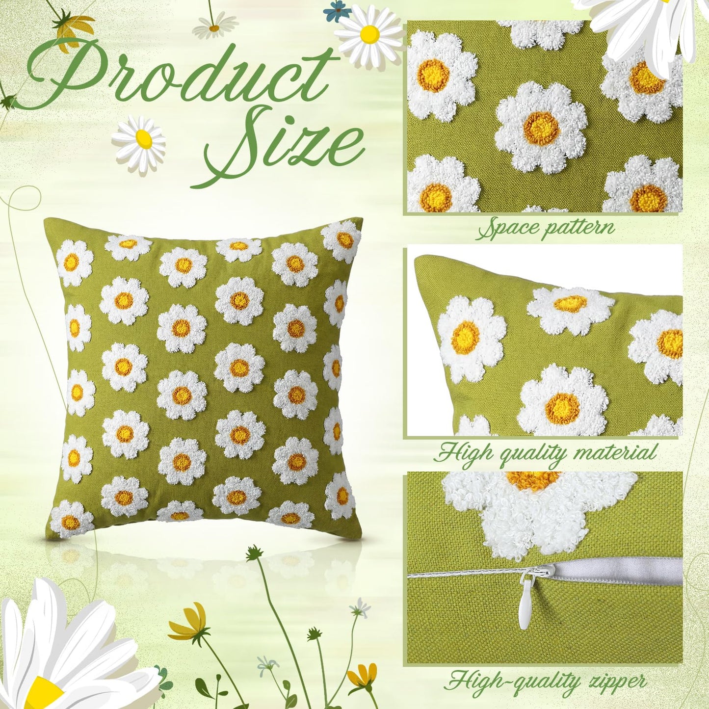 Fourluoo 4 Pcs Daisy Embroidered Throw Pillow Covers 18x18 Daisy Decorative Pillow Cover with Zipper Spring Floral Tufted Cushion Pillowcase for Bed Couch Sofa Living Room