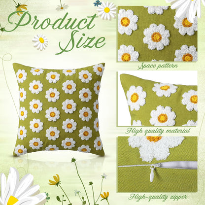 Fourluoo 4 Pcs Daisy Embroidered Throw Pillow Covers 18x18 Daisy Decorative Pillow Cover with Zipper Spring Floral Tufted Cushion Pillowcase for Bed Couch Sofa Living Room