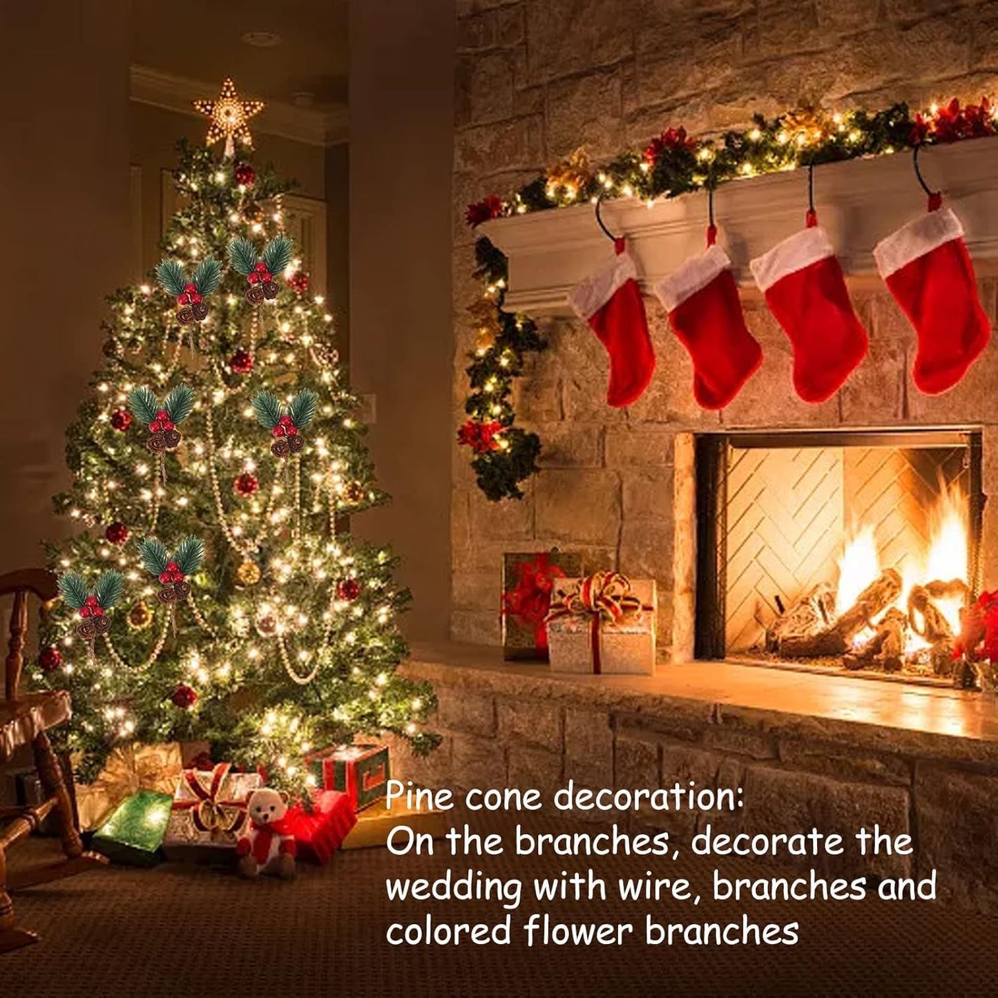 Veloshine 10Pcs Christmas Floral Picks with Pine Cone and Holly Berry, Red Berry Branches with Greenery for Holiday Home Decor