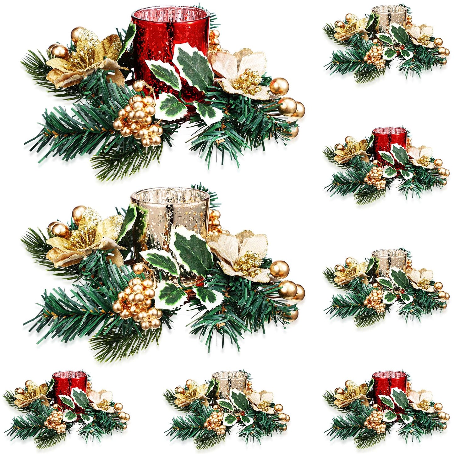 Ceenna Set of 16 Christmas Candle Ring Wreaths with Glass Votive Tealight Holders, Candle Rings and Gold Poinsettia Small Christmas Decor Table Centerpieces Party Ornament