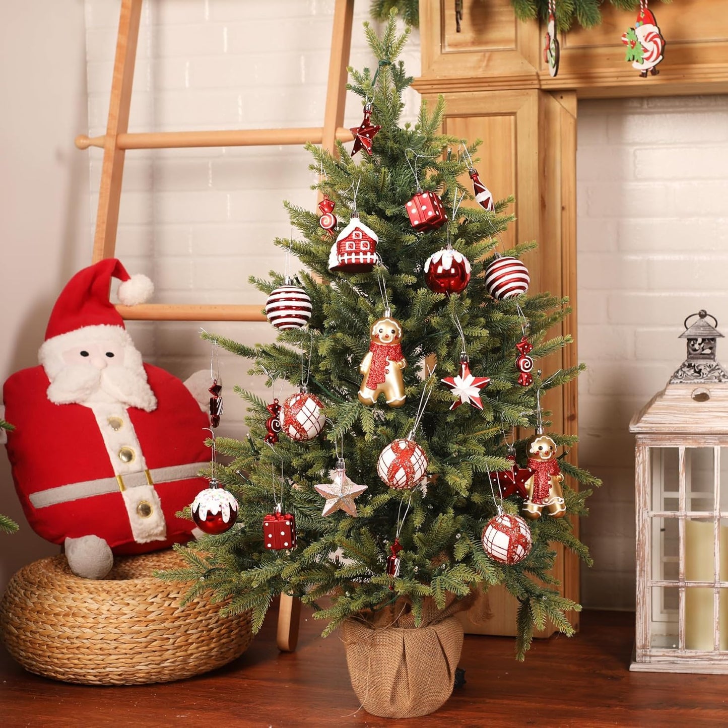 SHareconn 65pcs Christmas Tree Ornaments Set, Shatterproof Christmas Gingerbread Man Balls Bulk Gift Boxes, Hanging Plastic Decorative Baubles for Xmas Trees Decorations, Holiday Party, Red White