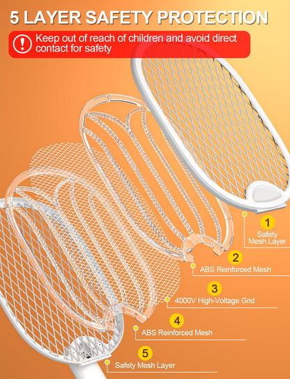 WOCVRYY Electric Fly Swatter 3 in 1 Bug Zapper Racket with 4000V 1800mah Battery 5-Layer Safety Mesh 180° Foldable Electric Mosquito Swatter Suitable for Indoor or Outdoor