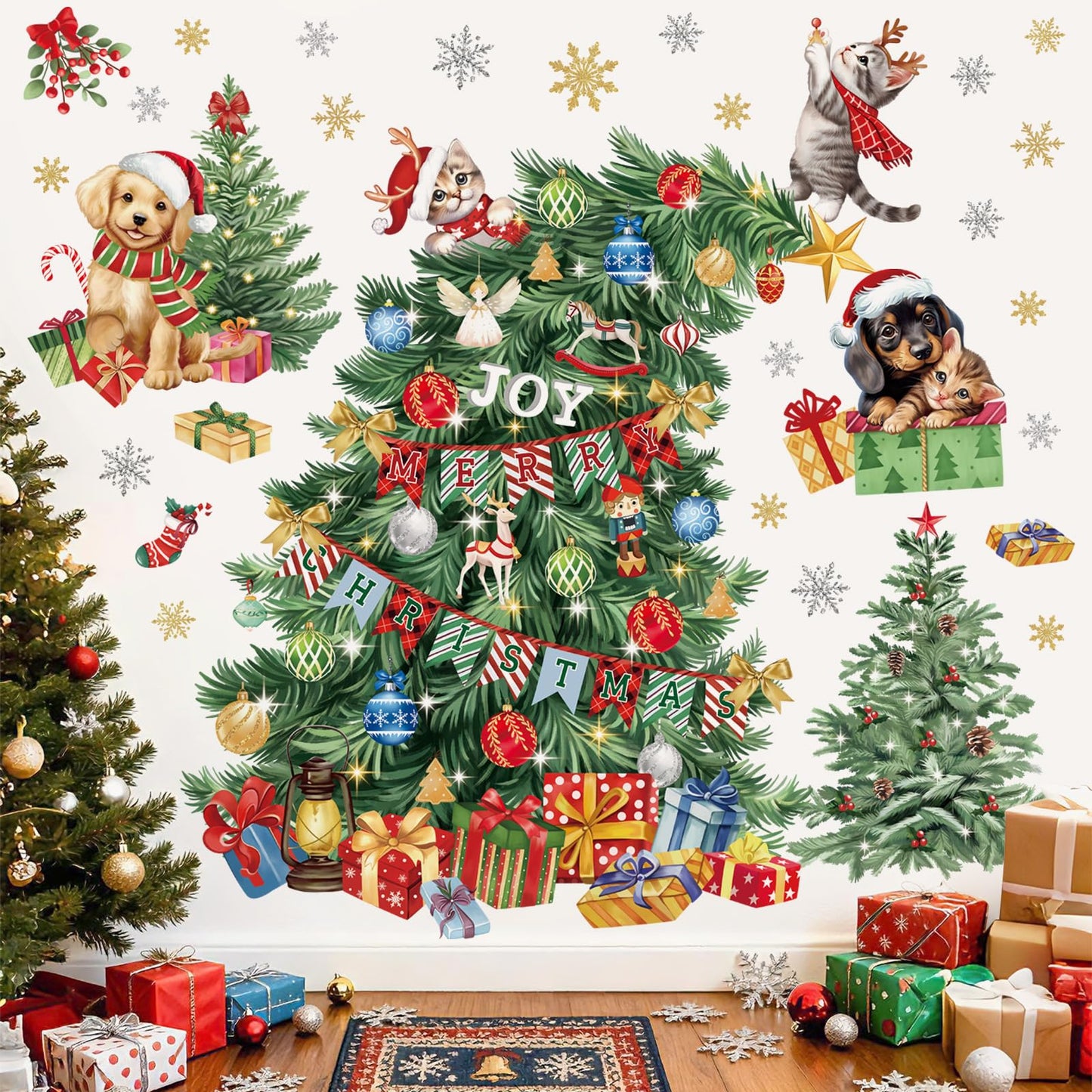 wondever Large Christmas Tree Wall Stickers Evergreen Tree Christmas Dogs Cats Peel and Stick Wall Art Decals for Window Xmas Home Party