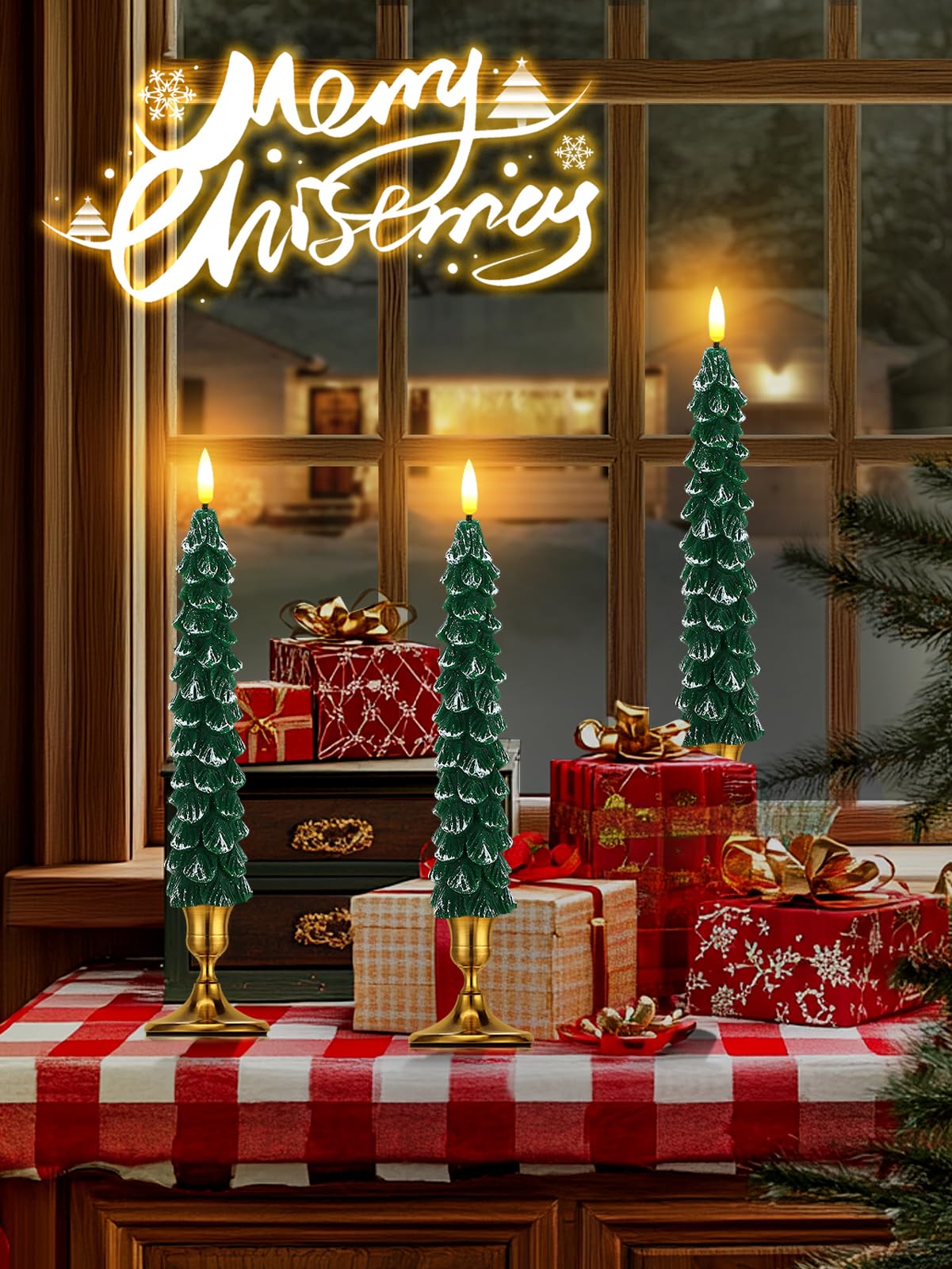 Beeplove 3 Pack Christmas Tree Candles with Remote- Real Wax Flameless Taper Candles, 9.7in Green Candlesticks Battery Operated for Home Table Metal Xmas Holiday Indoor Decorations Gifts