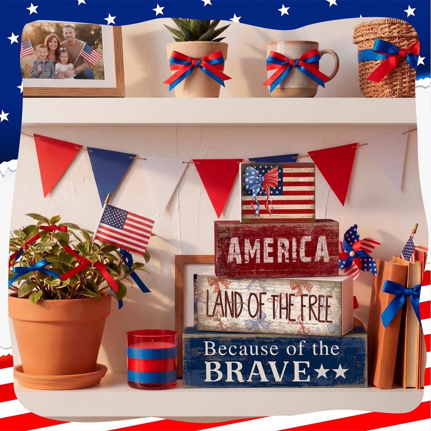 CroBlissful 4 Pcs 4th of July Decorations Patriotic Memorial Day Tabletop Decoration Red White Blue Table Centerpieces 250th Anniversary Wooden Fourth of July Sign for Office Tiered Tray Home Shelf