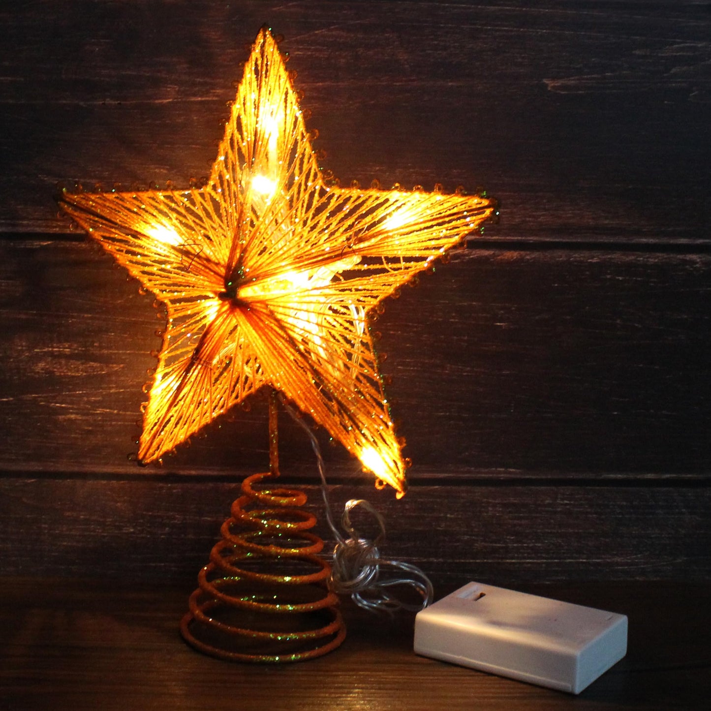 CVHOMEDECO. Champagne Gold Glittered 3D Tree Top Star with Warm White LED Lights and Timer for Christmas Tree Topper Decoration and Holiday Seasonal Décor, 8 x 10 Inch