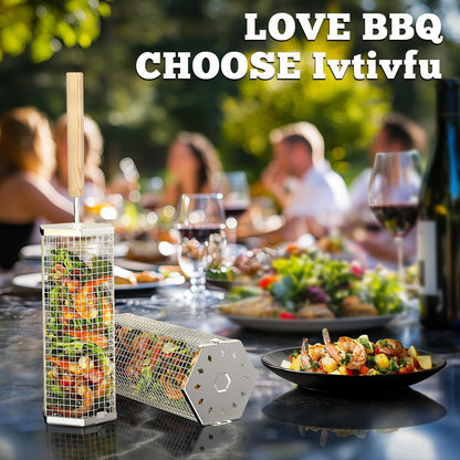 ivtivfu Rolling Grill Baskets (Hexagon), Removable Wooden Handle, 304 Stainless Steel, Nesting BBQ Accessories Tools for Vegetables Shrimp, Outdoor Cooking Camping, Birthday Gifts for Men Dad Husband