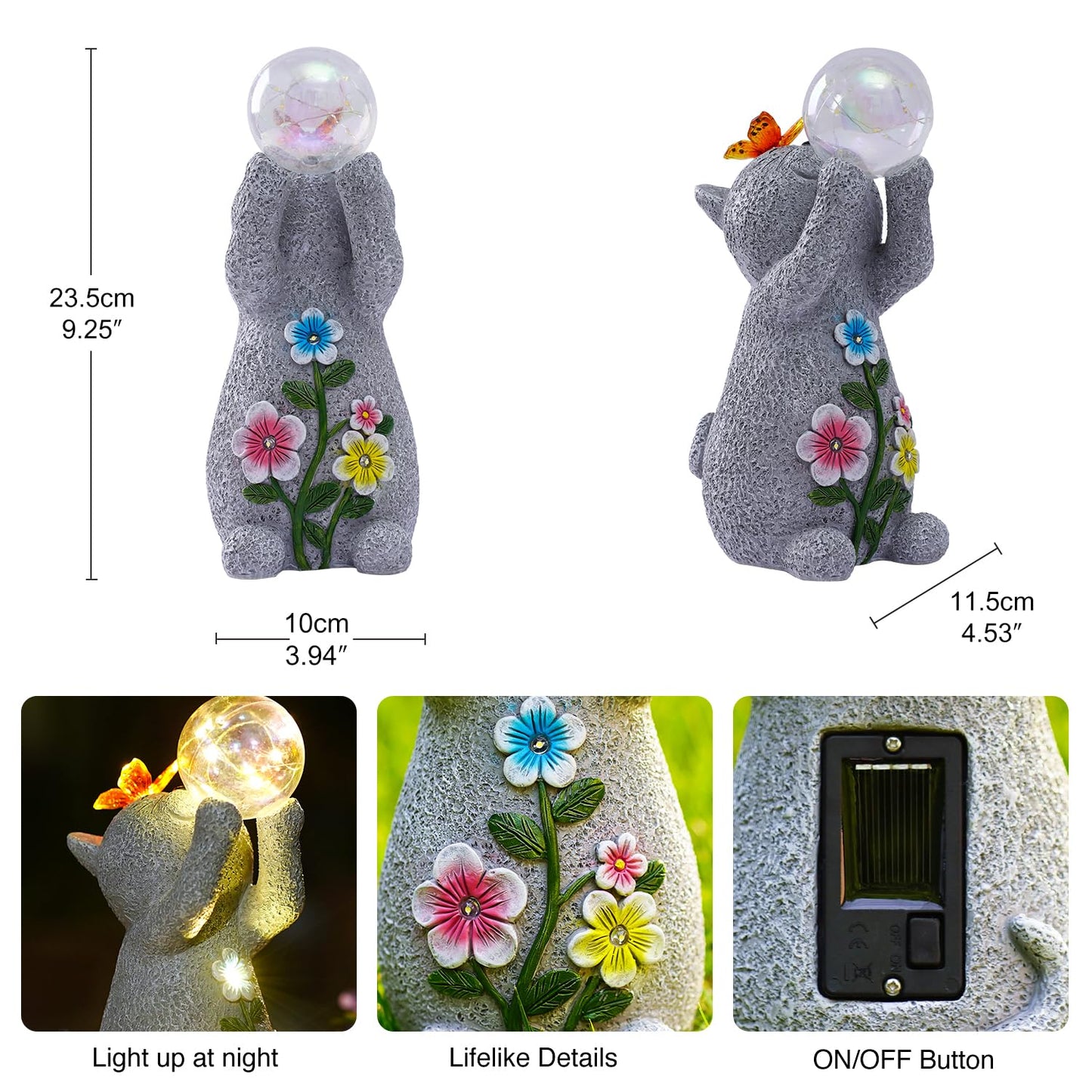 Goodeco Solar Cat Garden Statue - Outdoor Cat Decor with Solar Butterfly & Succulent Flowers LED Lights for Garden Enthusiasts - Ideal Gifts for Mom & Birthdays