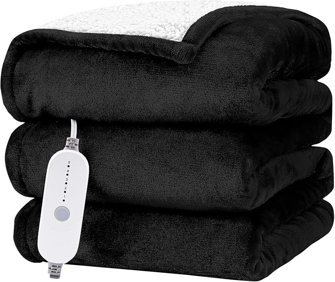 HYLEORY Heated Electric Blanket Throw 50"x60" Soft Fleece & Flannel with 5 Heating Levels & 3 Hours Timer Auto Shutt Off, ETL Certified, Washable，Heated Blanket for Body-Black