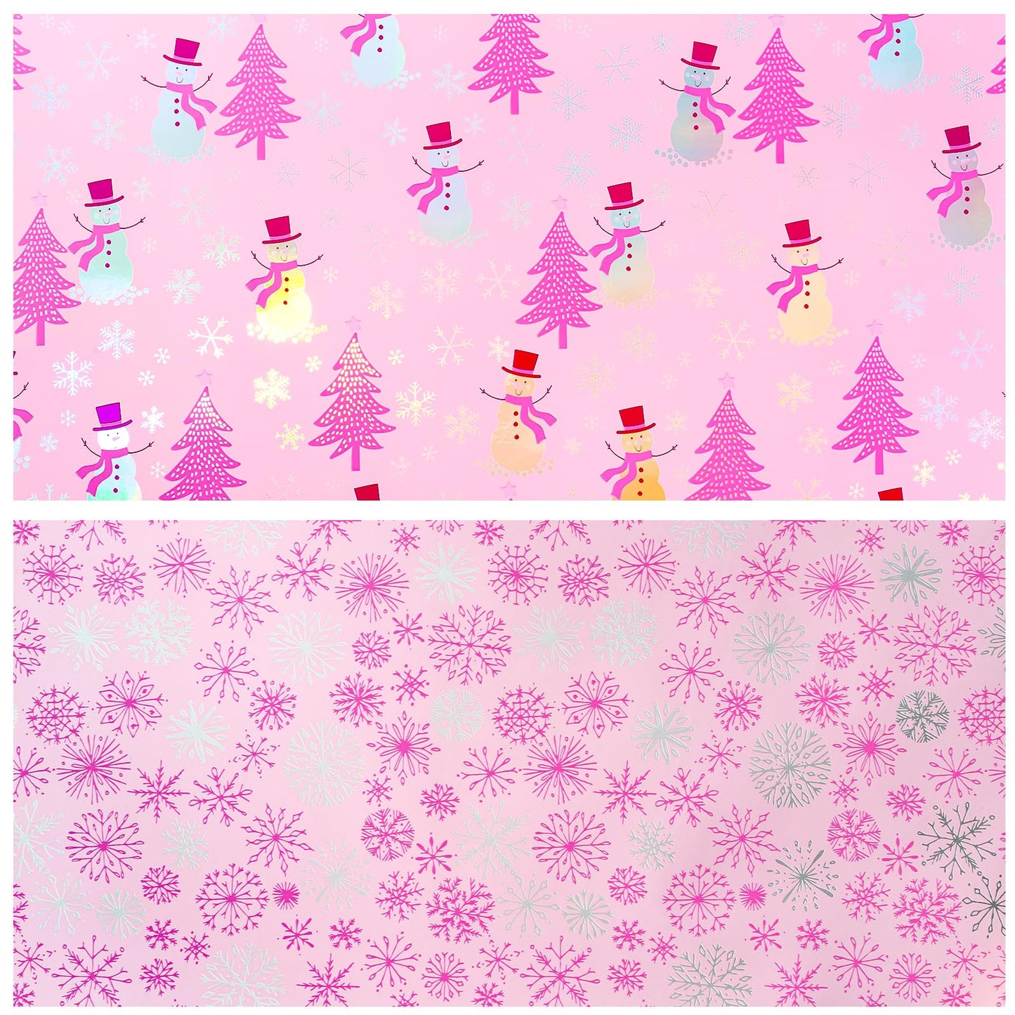 LeZakaa Christmas Pink Wrapping Paper Mini Roll, Snowman Christmas Tree & Snowflake Metallic Foil, Rose Gold Foil Reversible Design for Festive Winter Holiday, Family Gathering, 17 inches x 32.8 Feet