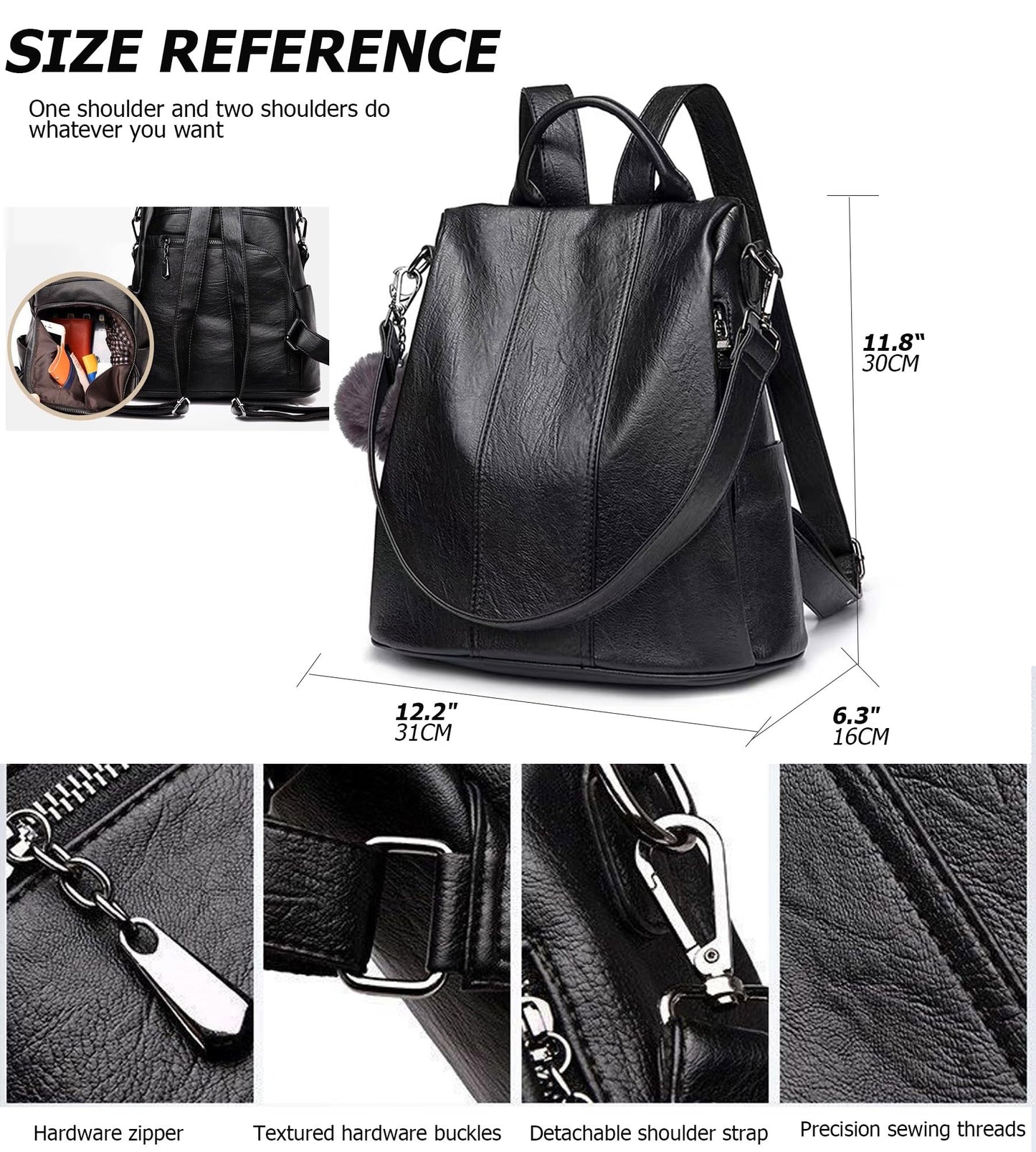 myfriday Vintage Faux Leather Backpack for Women, Soft Rucksack Backpack with Anti-Theft Pocket Convertible Shoulder Handbag (Black)