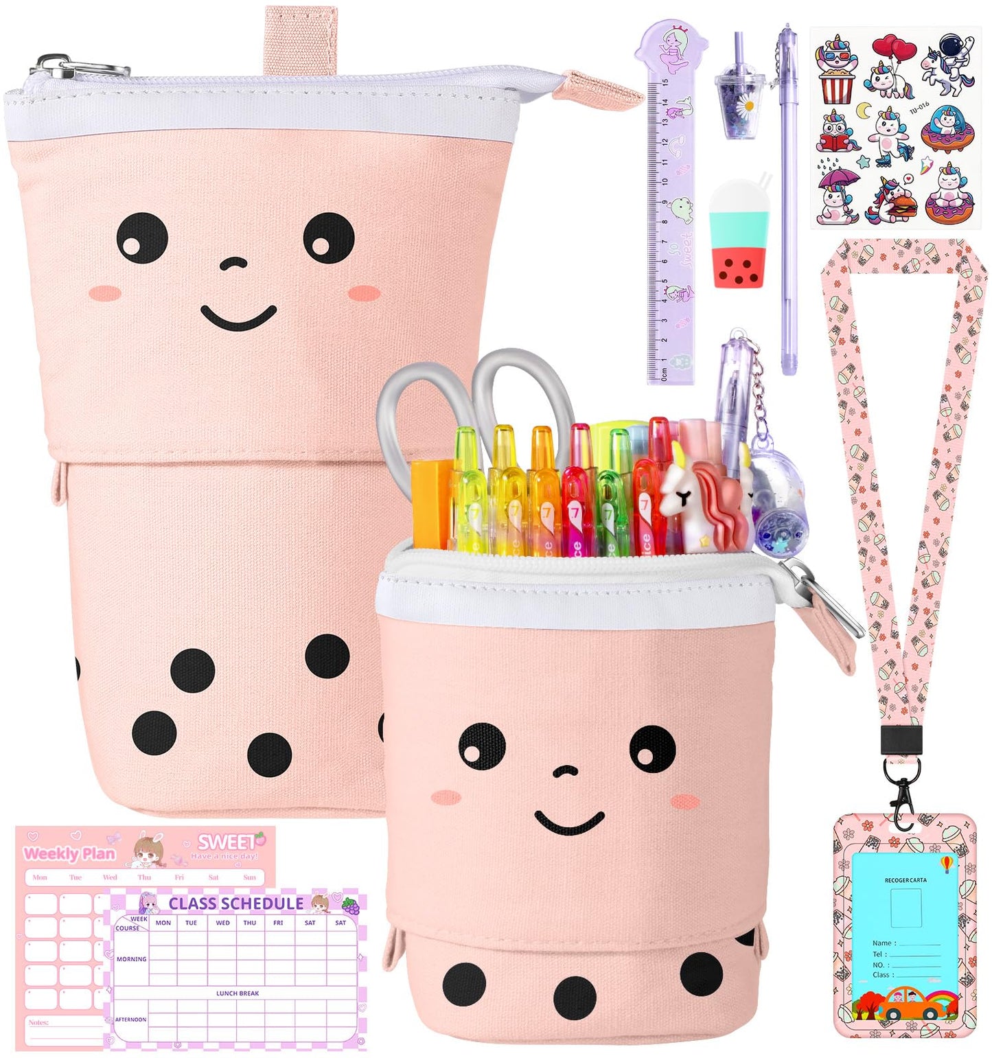 LISEVO Cute Pencil Case for Girls, 9 in 1 Set Boba Standing Up Pencil Bag Pouch Holder for Students Teens, Japanese Back to School Supplies Stationary Bags Set, Pen Holder Box Choice for Girls