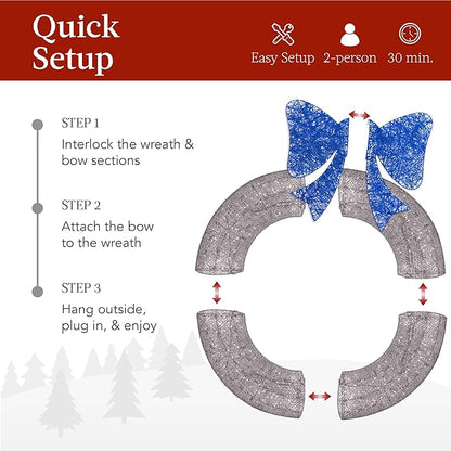 Best Choice Products 30in Pre-Lit Outdoor Christmas Wreath Decoration, LED Metal Holiday Decor for Home w/ 100 Lights, Bow - Hanukkah Silver/Blue