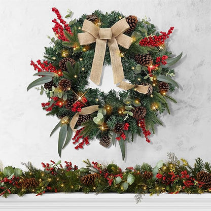 Christmas Lighted Wreath for Front Door, 28 Inches Pre-Lit 35 LED Lights, Natural Pine Cones Artificial Holiday Wreath for Indoor Outdoor Home Decorations