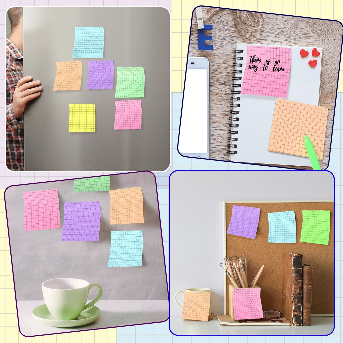 Geosar 24 Pack Lined Grid Sticky Notes 3 x 3 Inch Note Colorful Self Stick Notes Power Memo Pads Strong Adhesive Self Stick Note for Gifts School Office Supplies 8 Colors (Macaron Color)