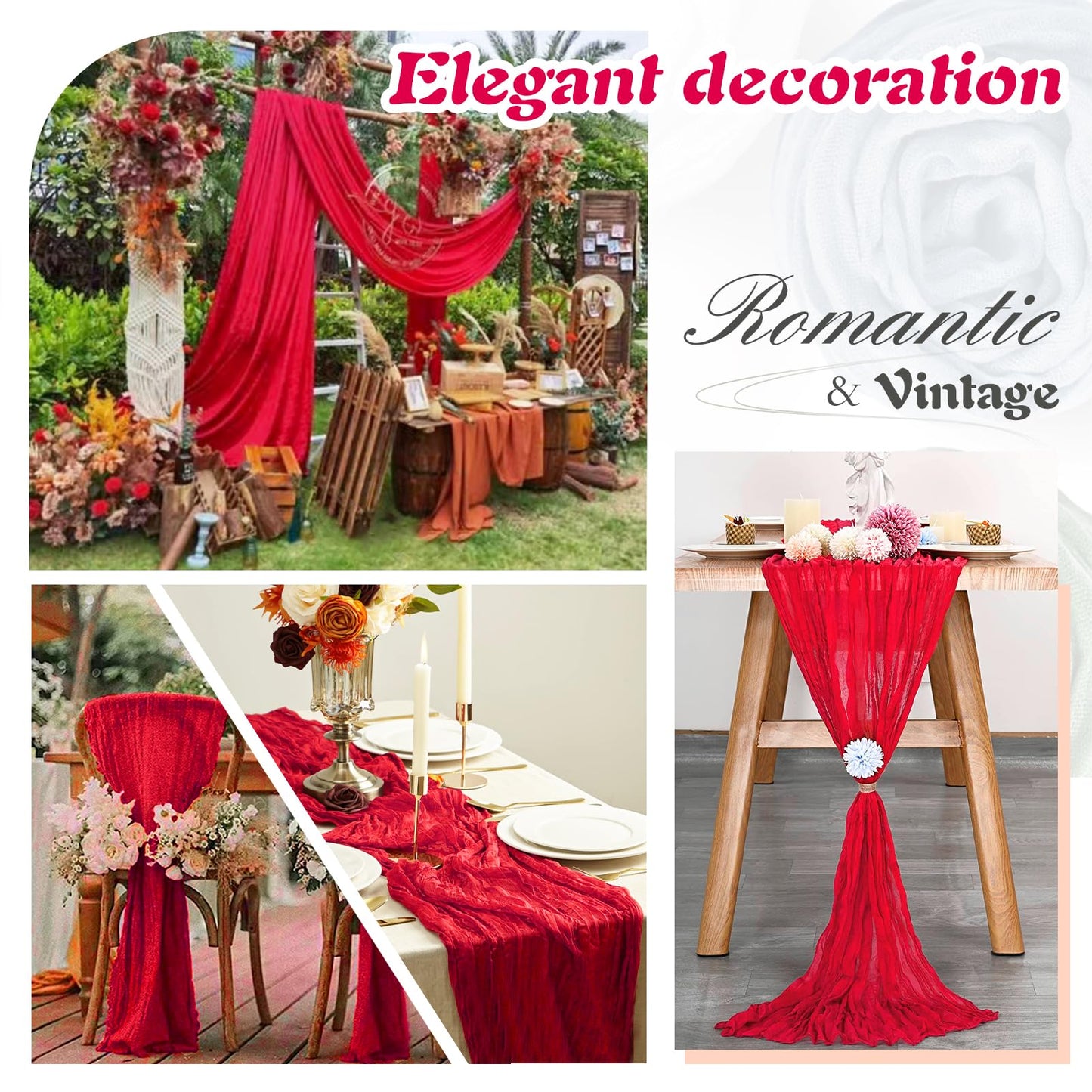 Waligoy Red Cheesecloth Table Runner 2 Pack 35" Boho Gauze Table Runner 120 inches Long Runner Rustic Sheer Fabric Bulk for Baby Shower Wedding Bridal Birthday Party Table Decorations