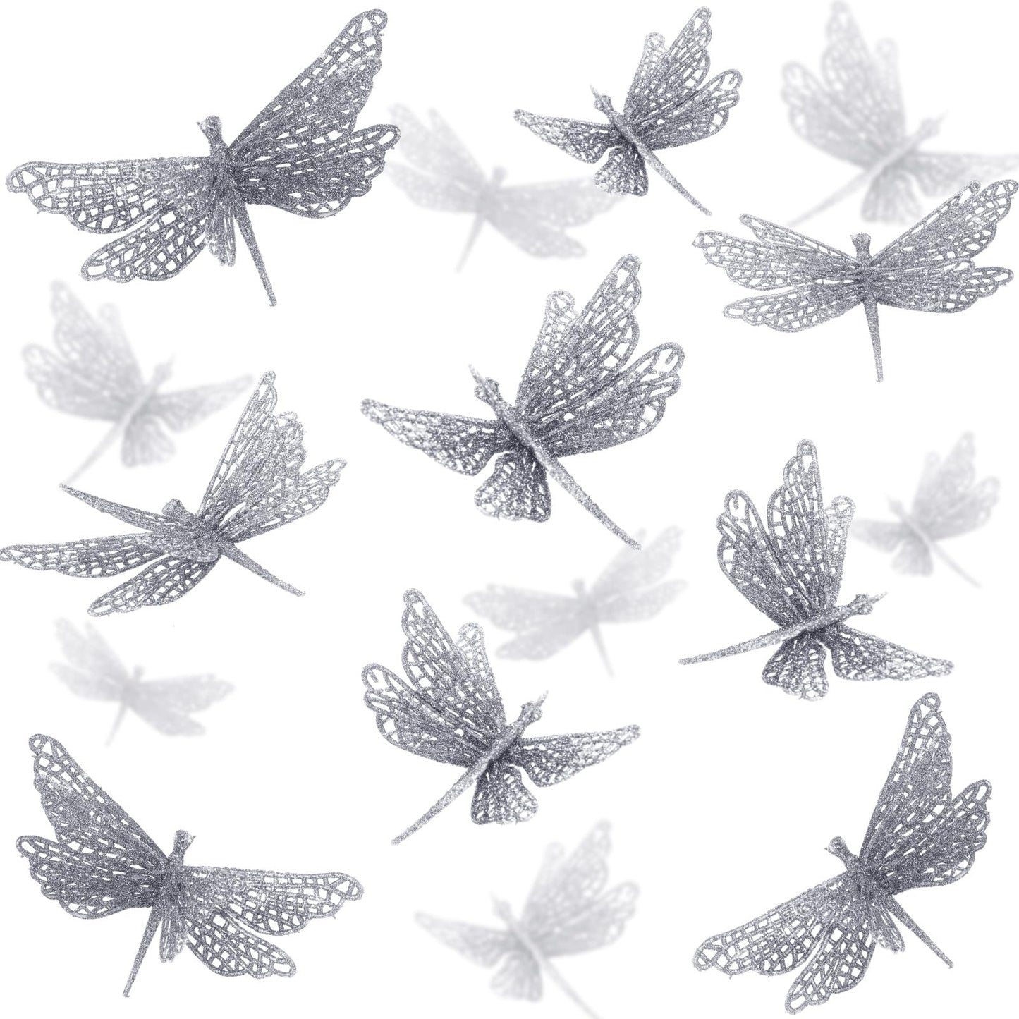 Motionchic 24 Pcs Glitter Dragonfly Decorations, Silver 3D Dragonfly Wall Decor with Clips Stem for Spring Summer Garden Party Wedding, Glitter Dragonflies for Floral Arrangement DIY Craft