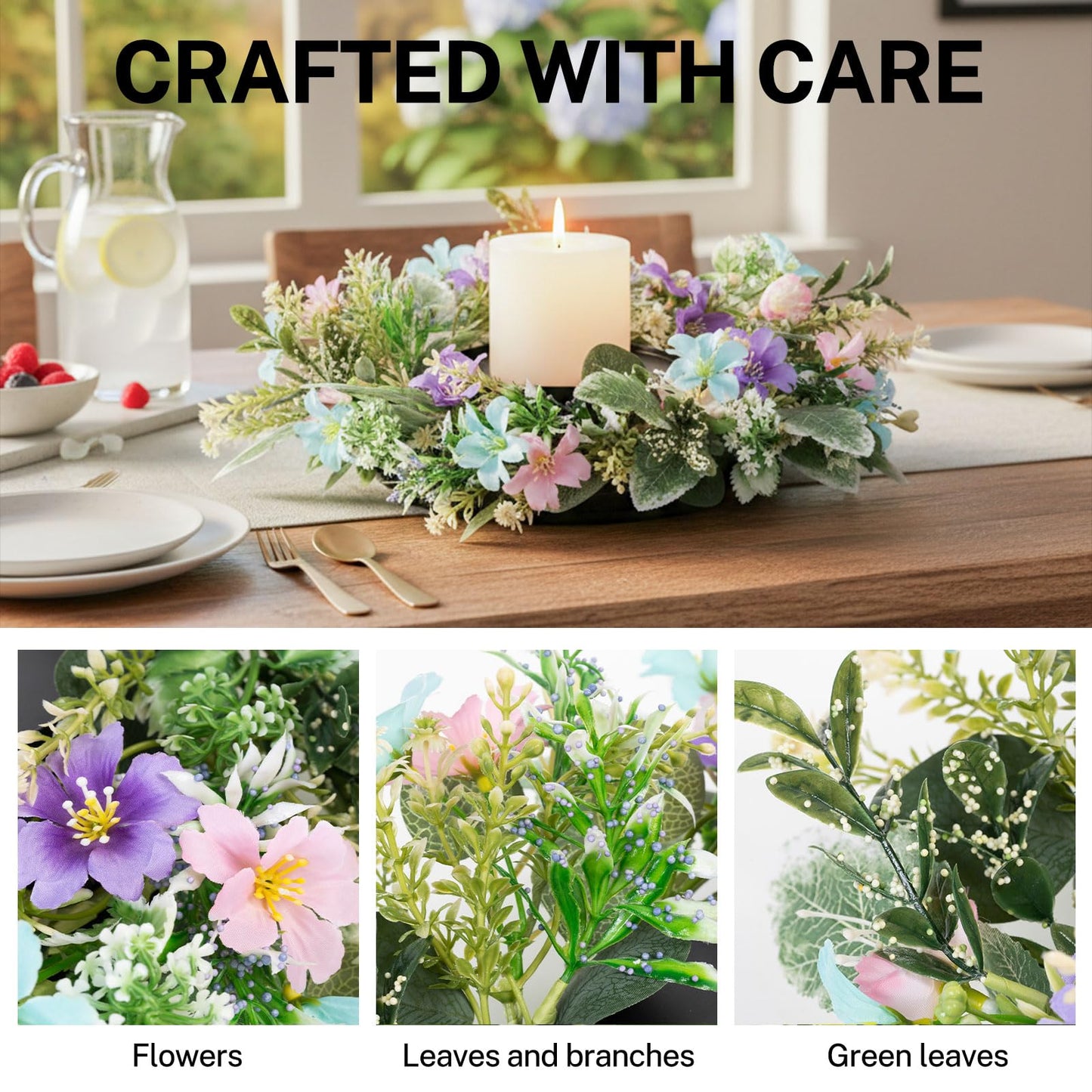 MOYEE Summer Centerpieces for Tables Wreath with Candle Holder,Candle Ring, Black Metal Candlestick with an Artificial Wreaths 14 in Versatile Dining Table Centrepiece (Blue and Purple Flower Wreath)