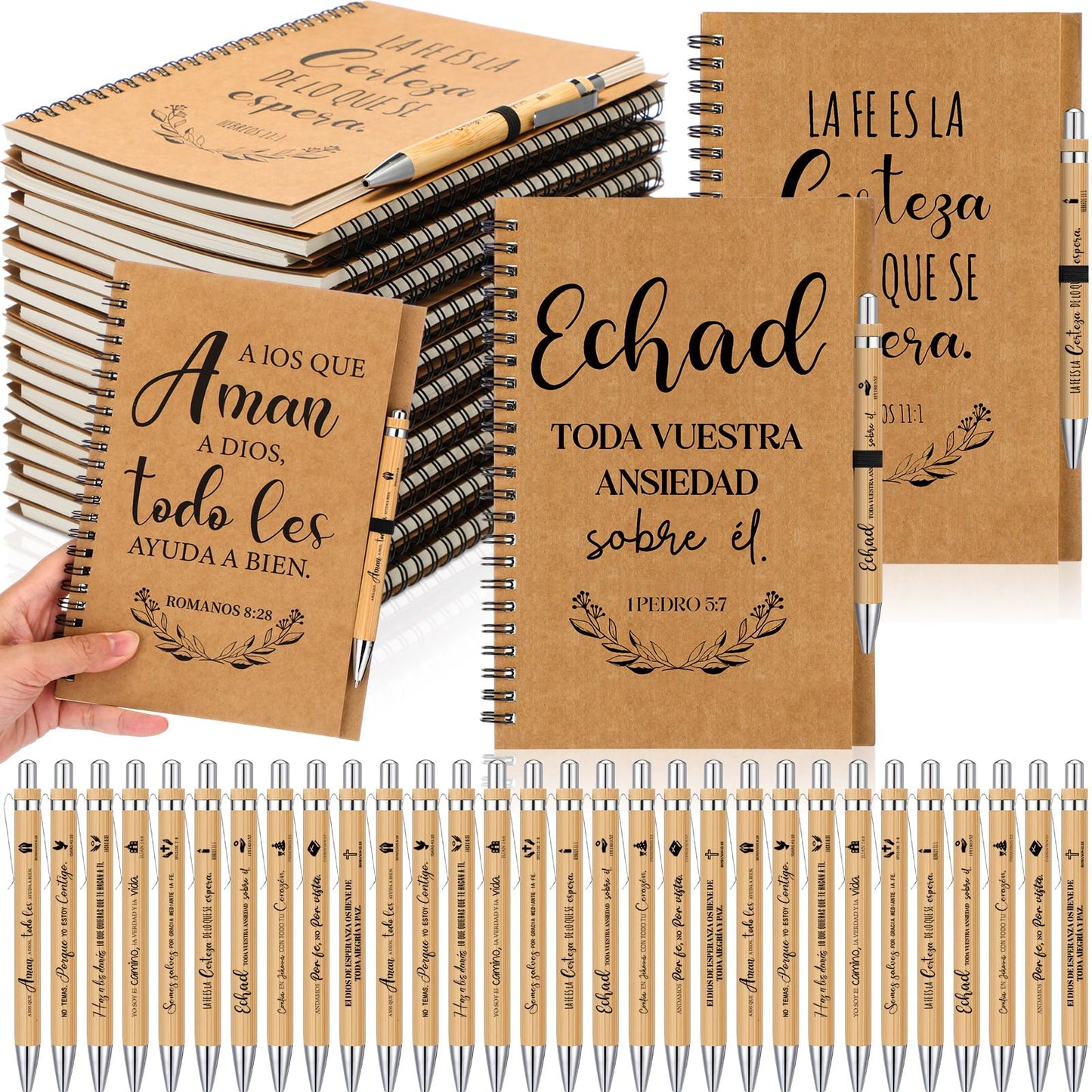 Resurhang 20 Pcs/10 Sets Regalos Cristianos En Español Spanish Christian Notebooks with Pen Spanish Religious Gift Bulk Motivational Journals Inspirational Pen Thank You Gift for Church (Kraft Color)