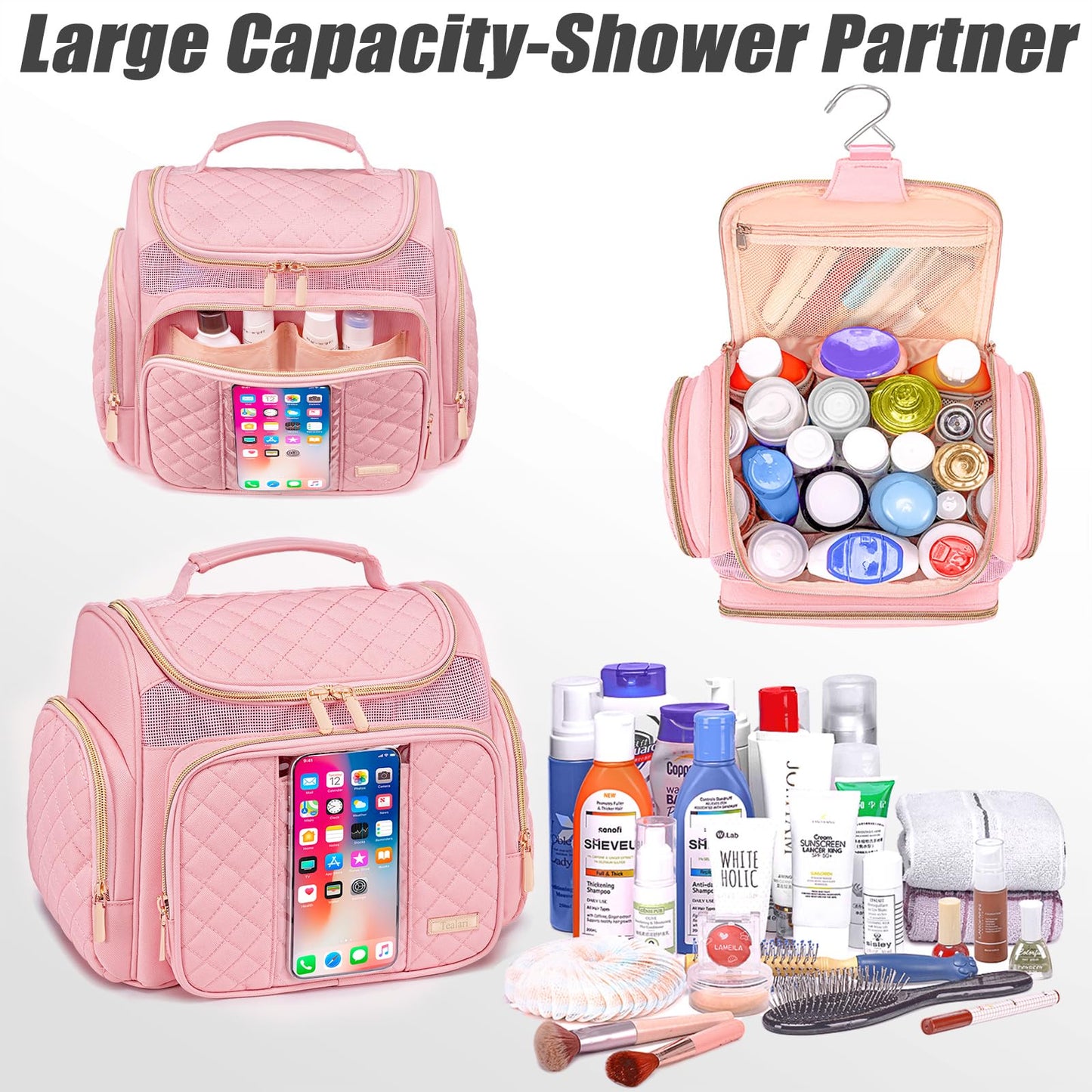 Tealari Large Toiletry Bag for Women Men,Bathroom Bag,Water Resistant Shower Bag,Makeup Bag,Portable Shower Caddy for College Dorm,Hanging Travel Toiletry Bag with Transparent Waterproof Phone Pocket