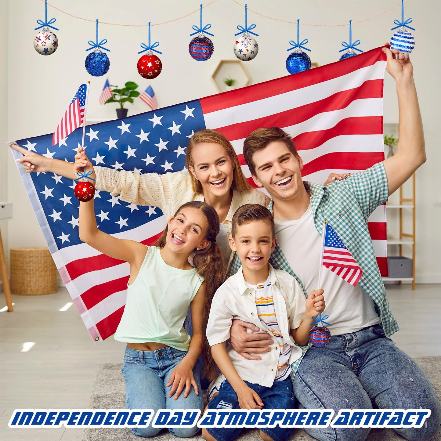Riceshoot 16 Pcs 4th of July Patriotic Hanging Ball 1.97" Independence Day Sequin Hanging Ball Ornament Red White Blue Tree Decorations for 250th Anniversary Patriotic USA Themed Party Supplies