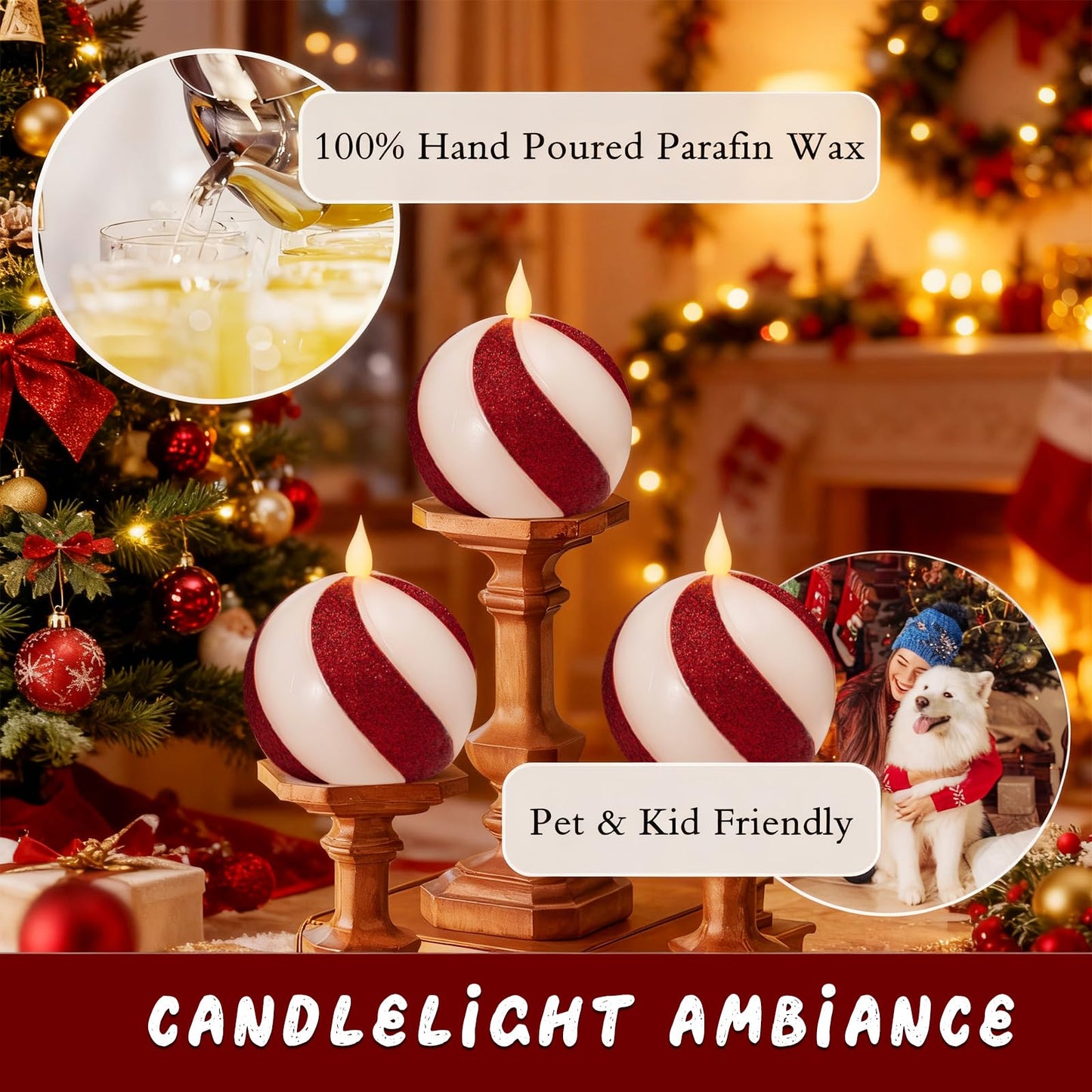 Set of 3 Christmas Sphere Candy-Cane Flameless Candles - Red White Real Wax Flickering Ball Candles Battery Operated with Remote, Candy Cane Christmas Decorations, Xmas Party Tables Centerpieces Decor